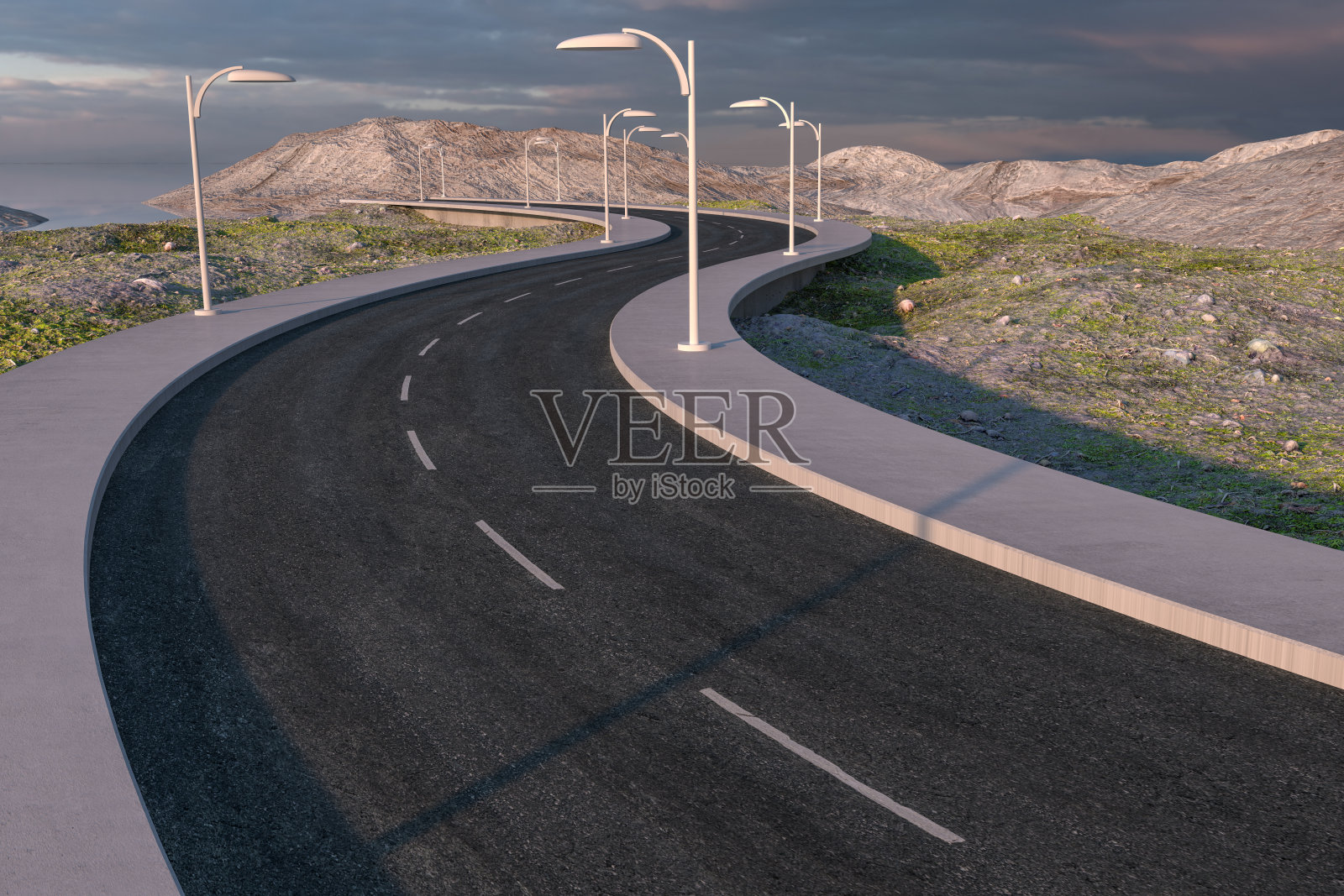 波浪形的道路在荒芜的郊区，3d渲染。照片摄影图片