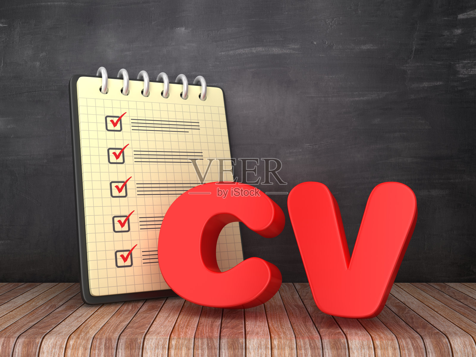 检查清单笔记垫与CV在黑板背景- 3D渲染照片摄影图片