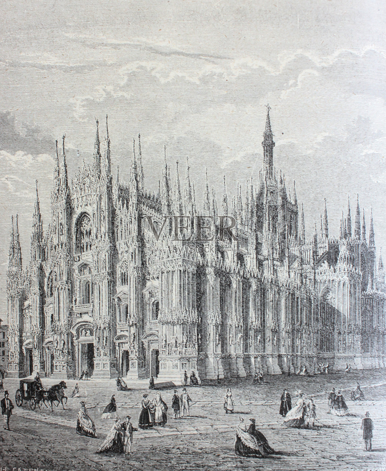 米兰大教堂的古董书插画图片素材