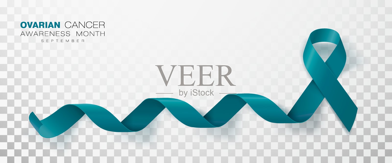 卵巢癌宣传月。在透明背景上孤立的蓝绿色缎带。矢量设计模板海报。插画图片素材
