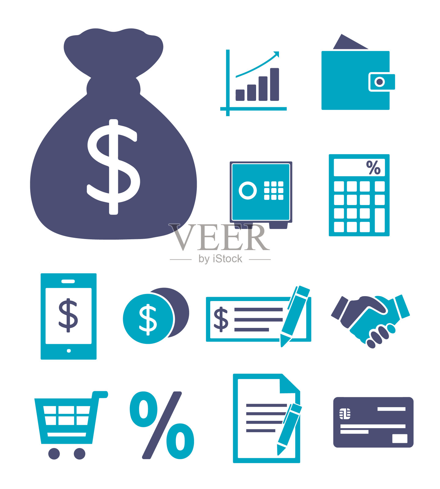 矢量图标用于创建有关财务、购物和储蓄的信息图形，包括计算器、保险箱、钱包或图形插画图片素材