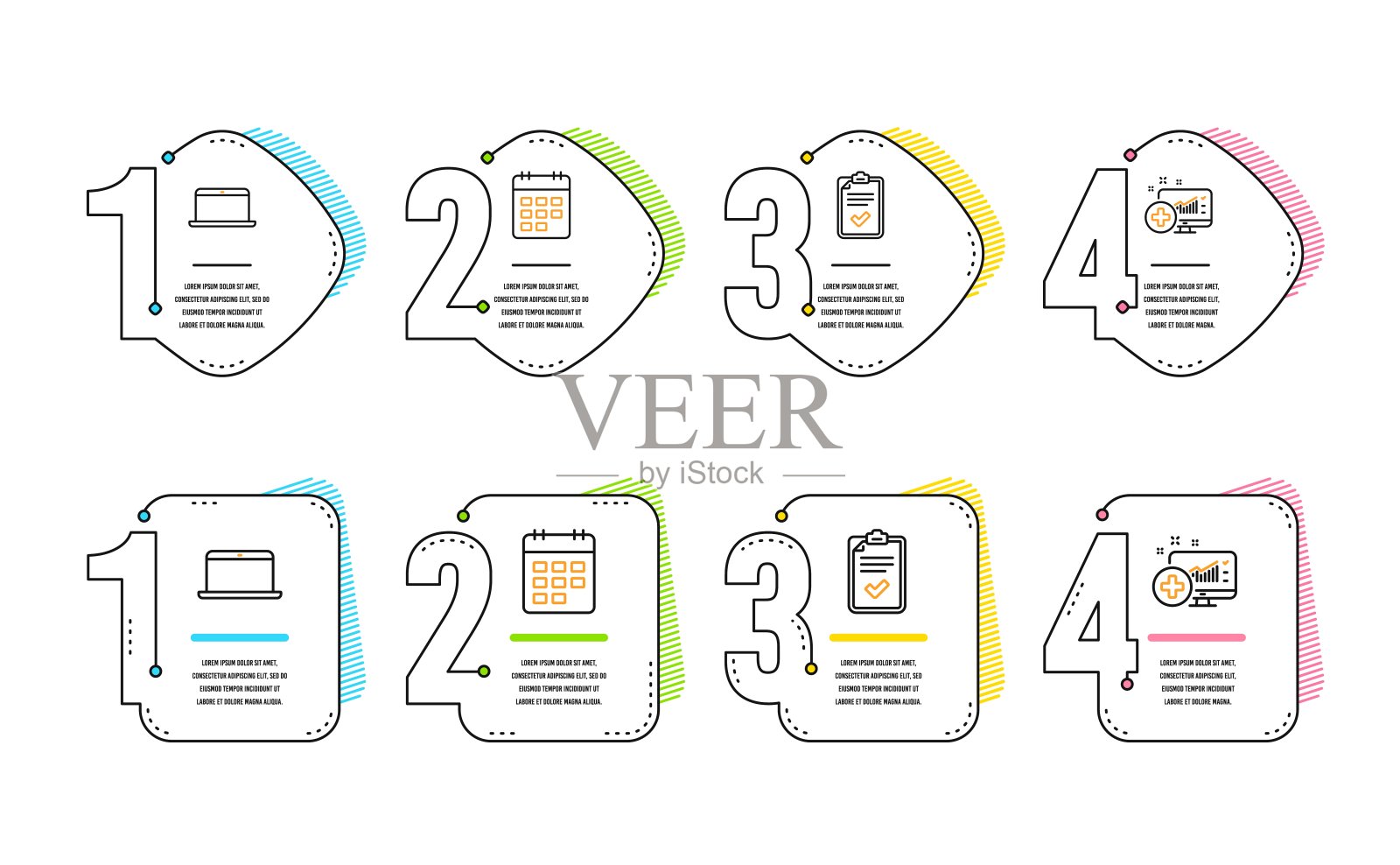 日历，清单和笔记本电脑图标集。医学分析信号。事件提醒，调查，移动电脑。向量图标素材
