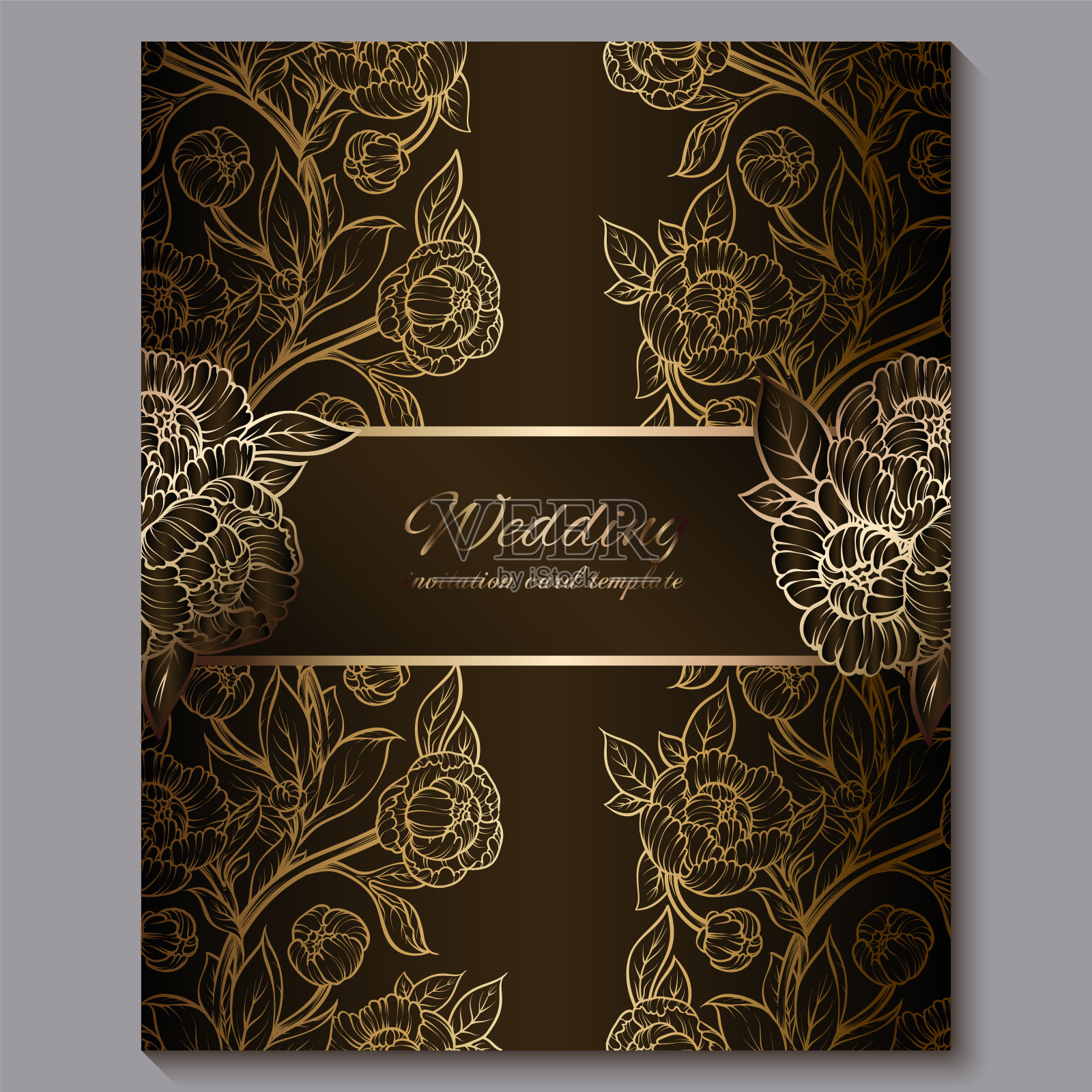 精美的巧克力皇家豪华婚礼邀请，金色的花卉背景与框架和文字的地方，花边树叶制成的玫瑰或牡丹与金色光泽梯度。插画图片素材