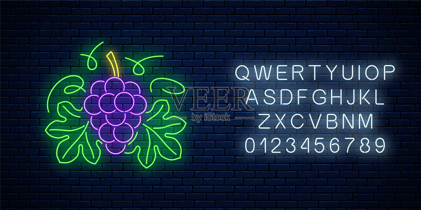 用字母画出的圆形框内闪烁着霓虹灯的酒店标识。一串葡萄和叶子设计模板素材