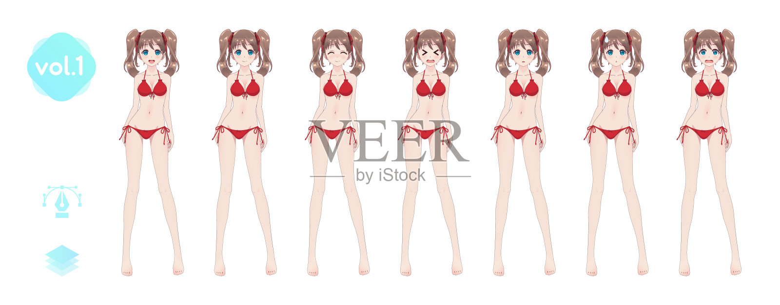 动画漫画的女孩。穿着夏天的比基尼泳装插画图片素材