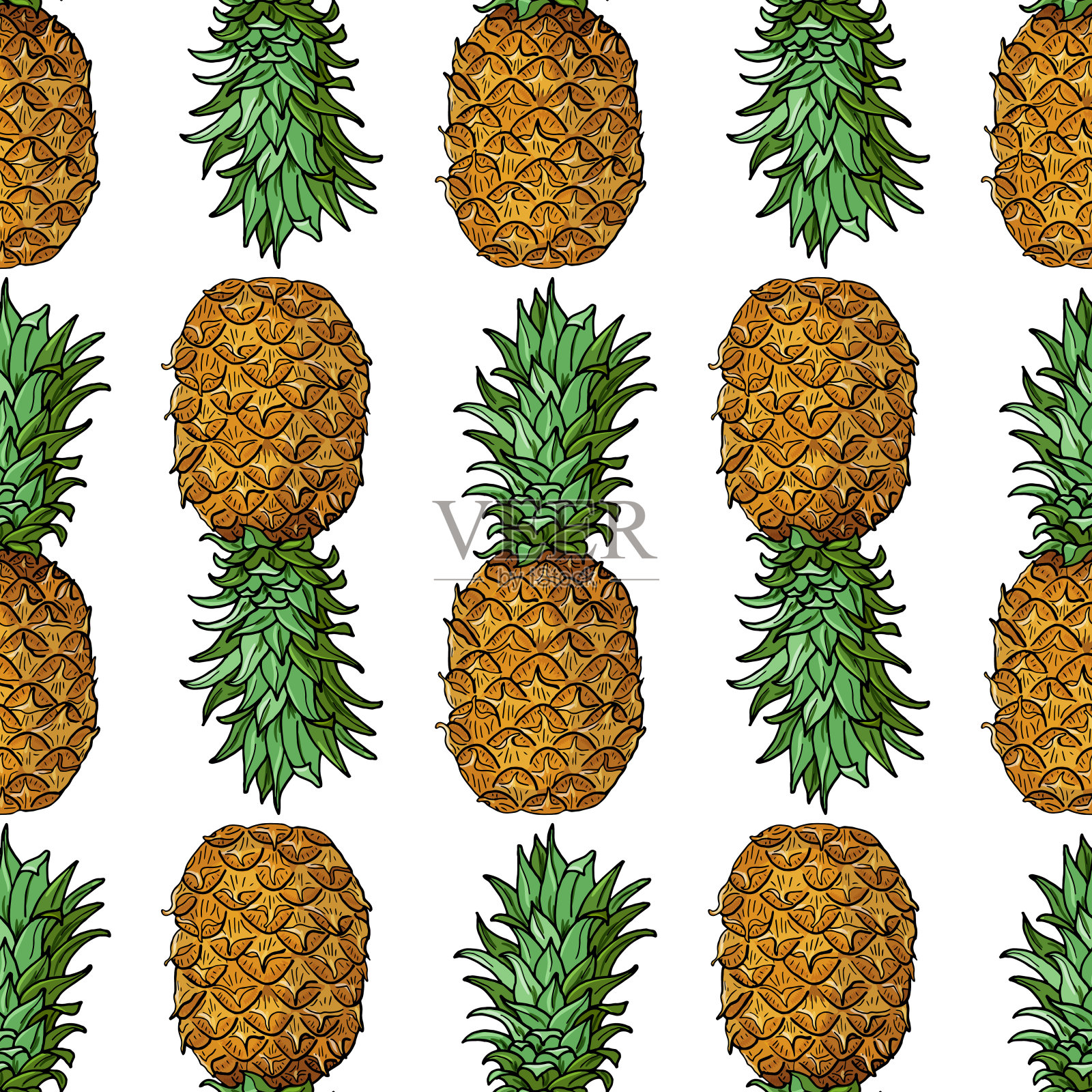菠萝带叶。白色背景上的热带水果无缝图案。明亮的夏天插画图片素材