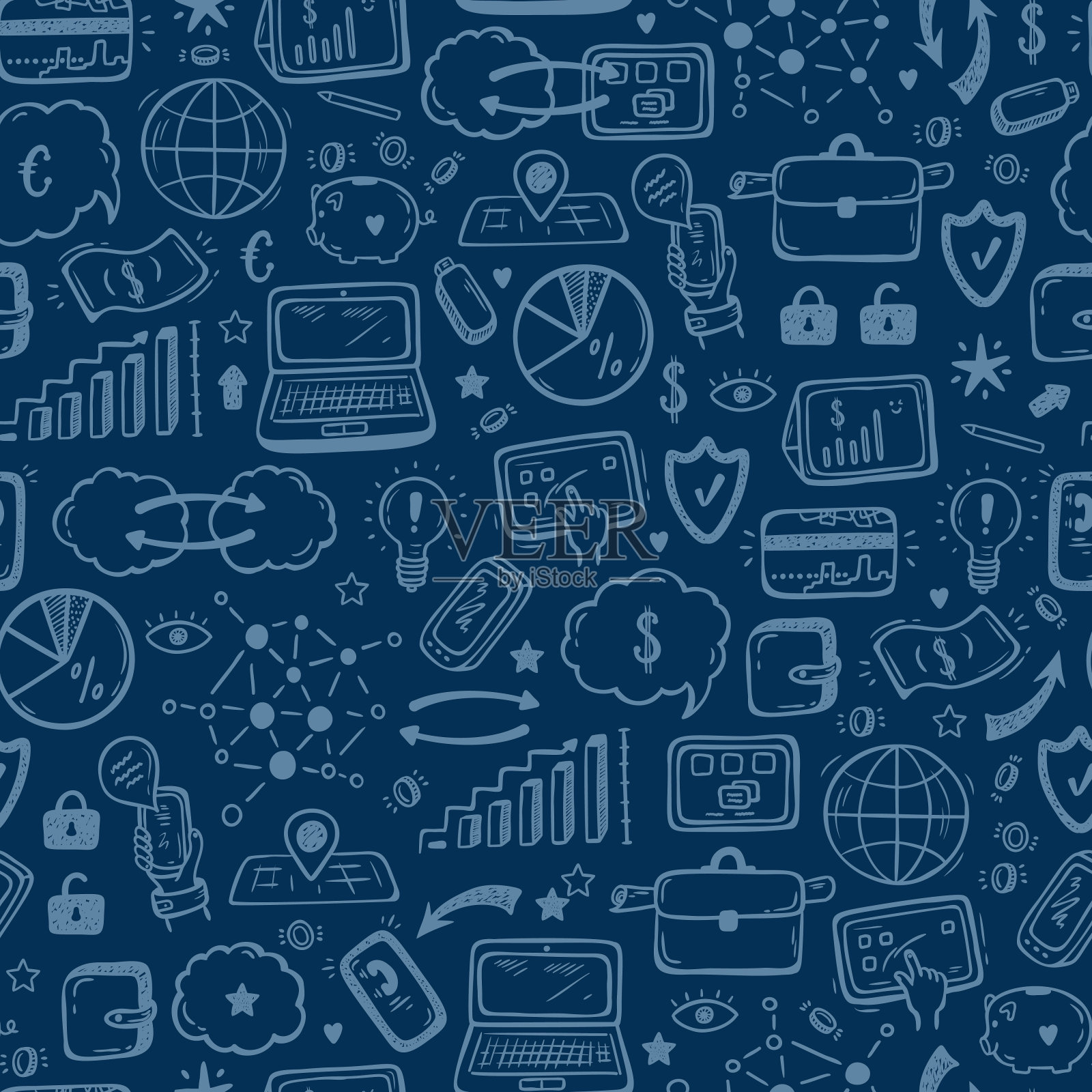 手绘涂鸦物联网，股票市场，云计算技术，金融和商业图标矢量无缝模式插画图片素材