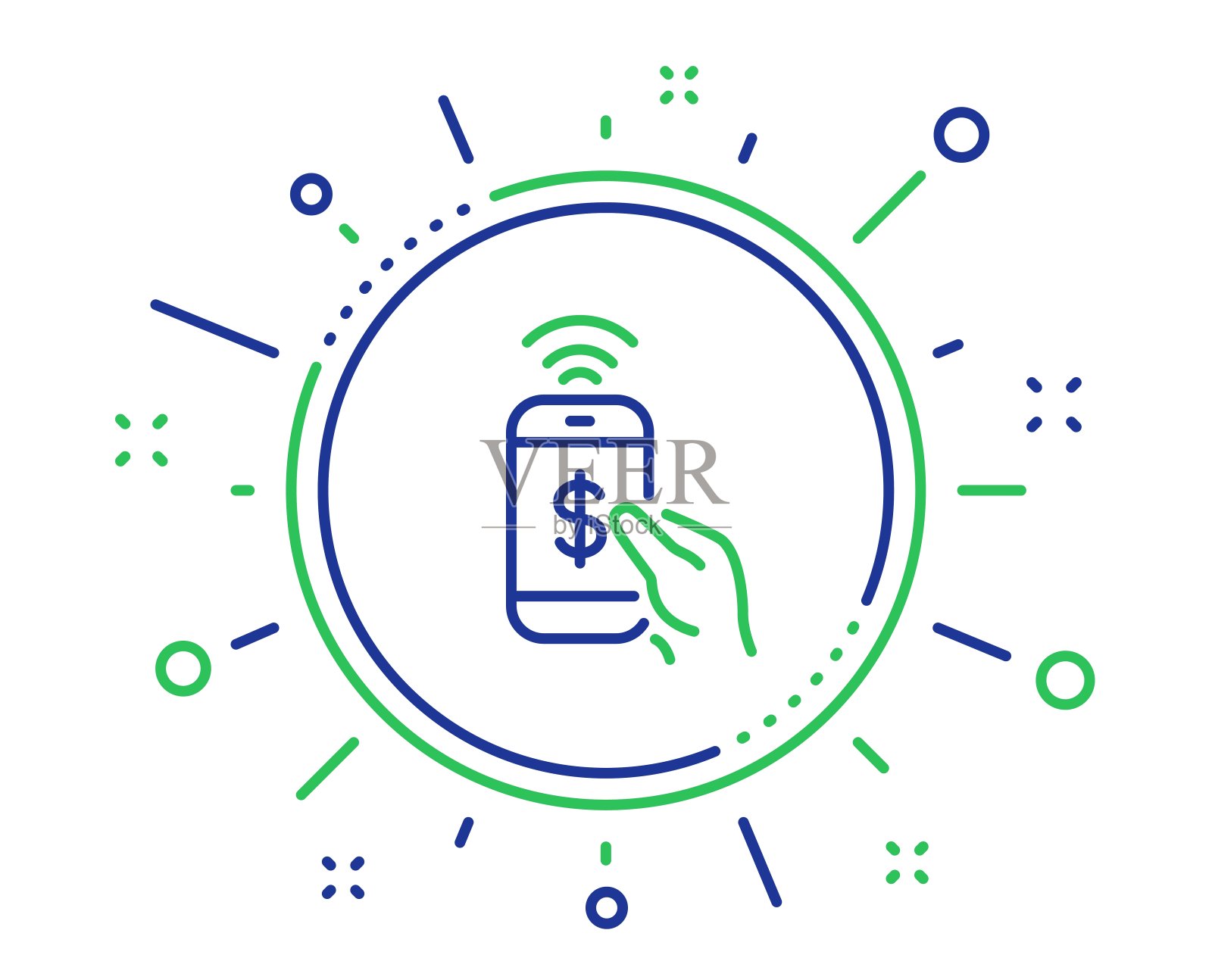 电话支付线路图标。美元付款标志。向量插画图片素材