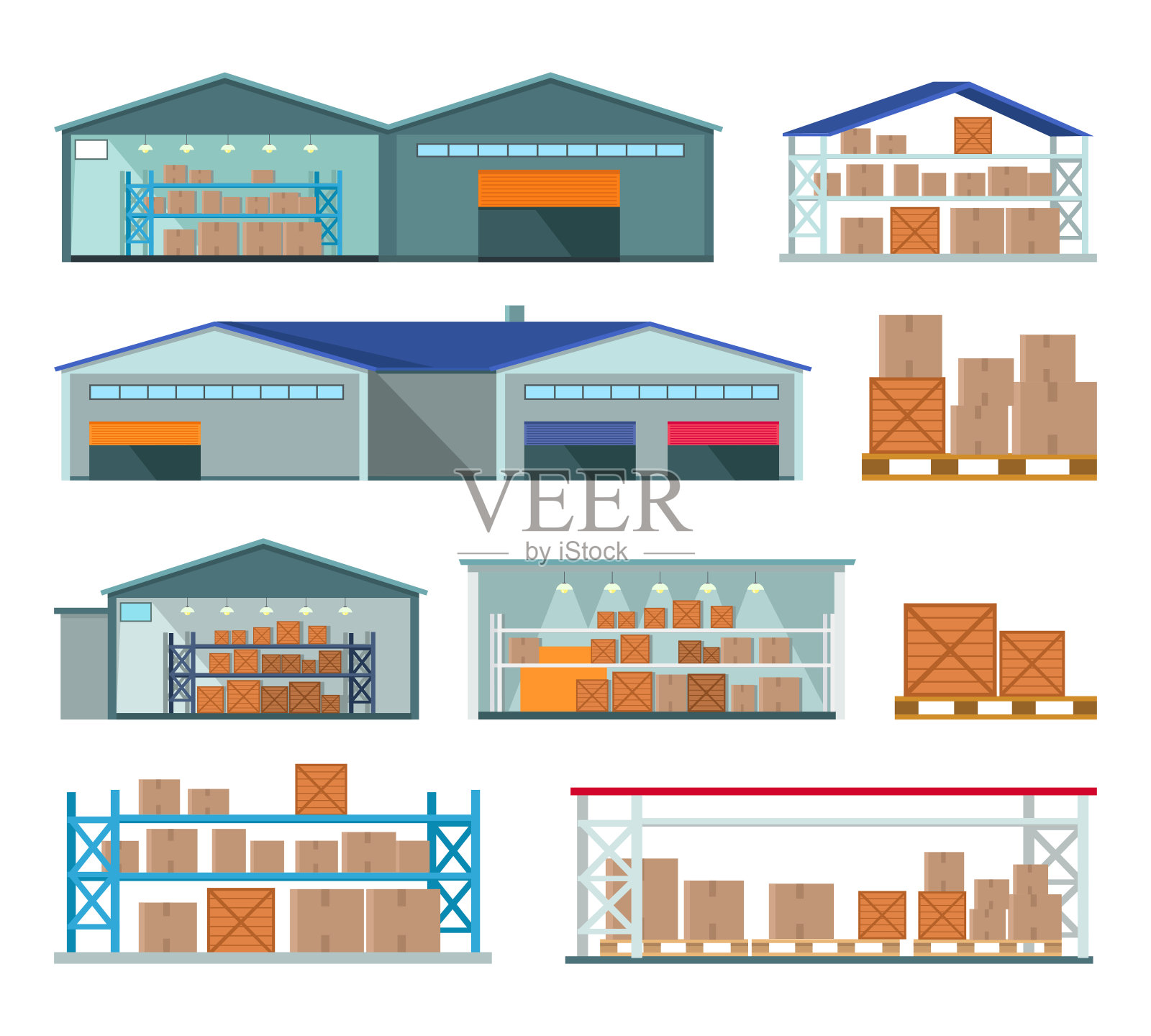 一套仓库储存和交付货物。插画图片素材