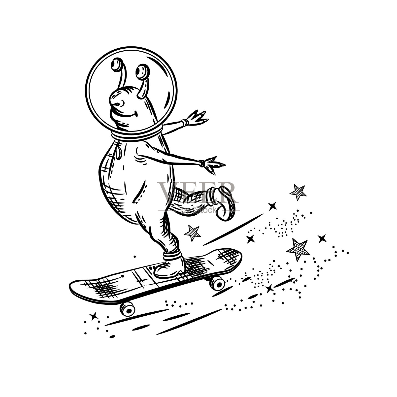 外星人在滑板上溜冰。矢量图插画图片素材