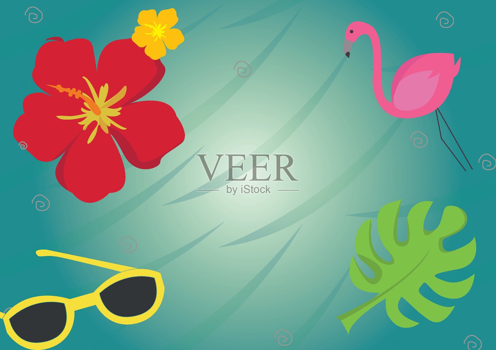 一套可爱的夏季图标:食物，饮料，棕榈叶，水果和火烈鸟。明亮的夏天的海报。为海滩派对收集剪贴簿元素。插画图片素材