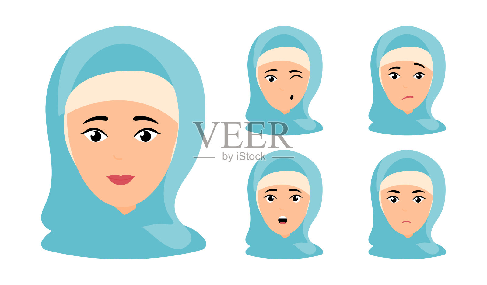 美女肖像与不同的面部表情插画图片素材