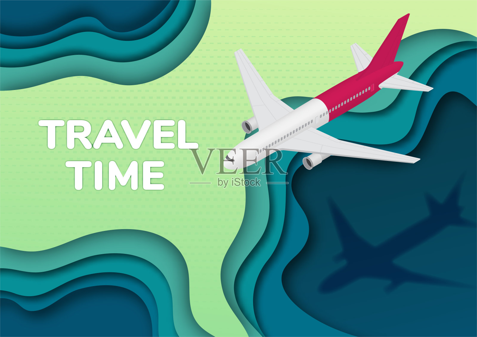 旅游和旅游背景。客机在等距视图。3d纸艺术插图。俯瞰全景，俯瞰河的全景。矢量图插画图片素材