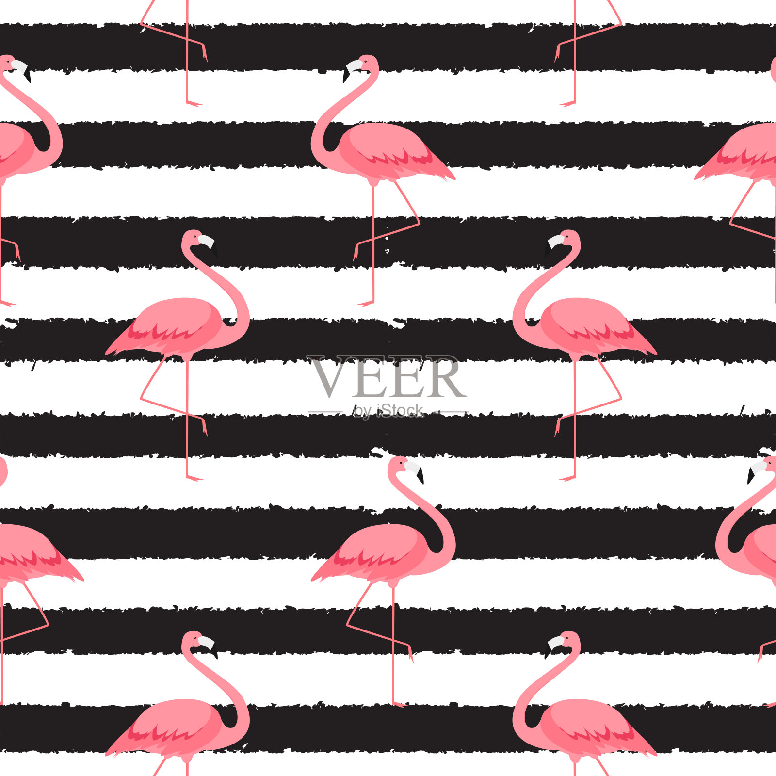 鲜艳的粉红色火烈鸟孤立在白色的背景。无缝模式。矢量插图。插画图片素材