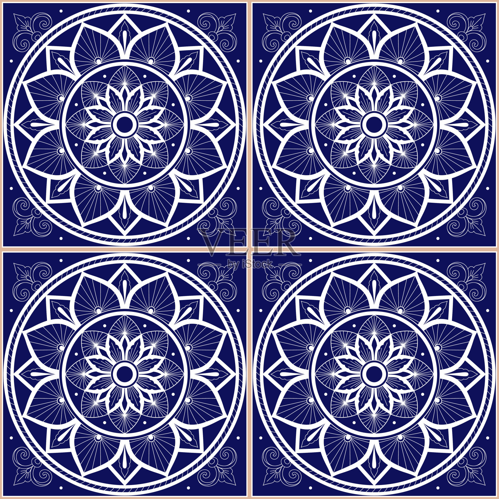 葡萄牙瓷砖图案矢量无缝与方形装饰。葡萄牙azulejos陶瓷或瓷器插画图片素材