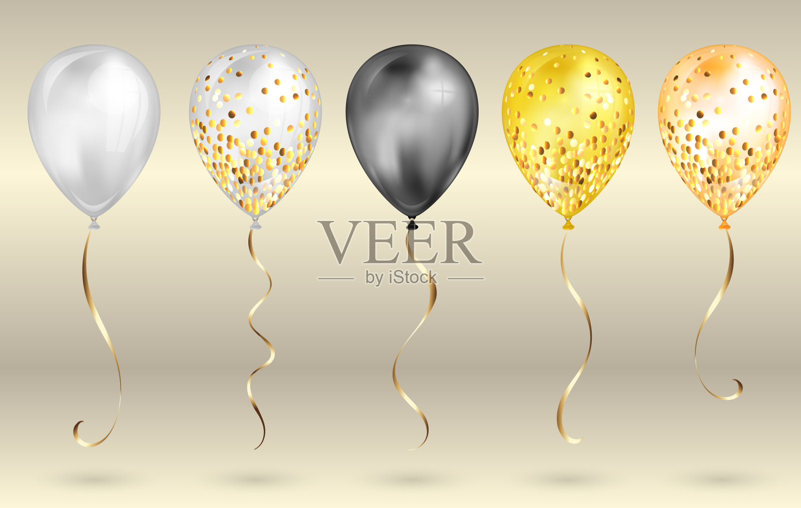 一套5闪亮的黑色和金色现实的3D氦气球为您的设计。闪亮的气球和金色丝带，生日派对宣传册，邀请卡或婴儿送礼会的完美装饰插画图片素材