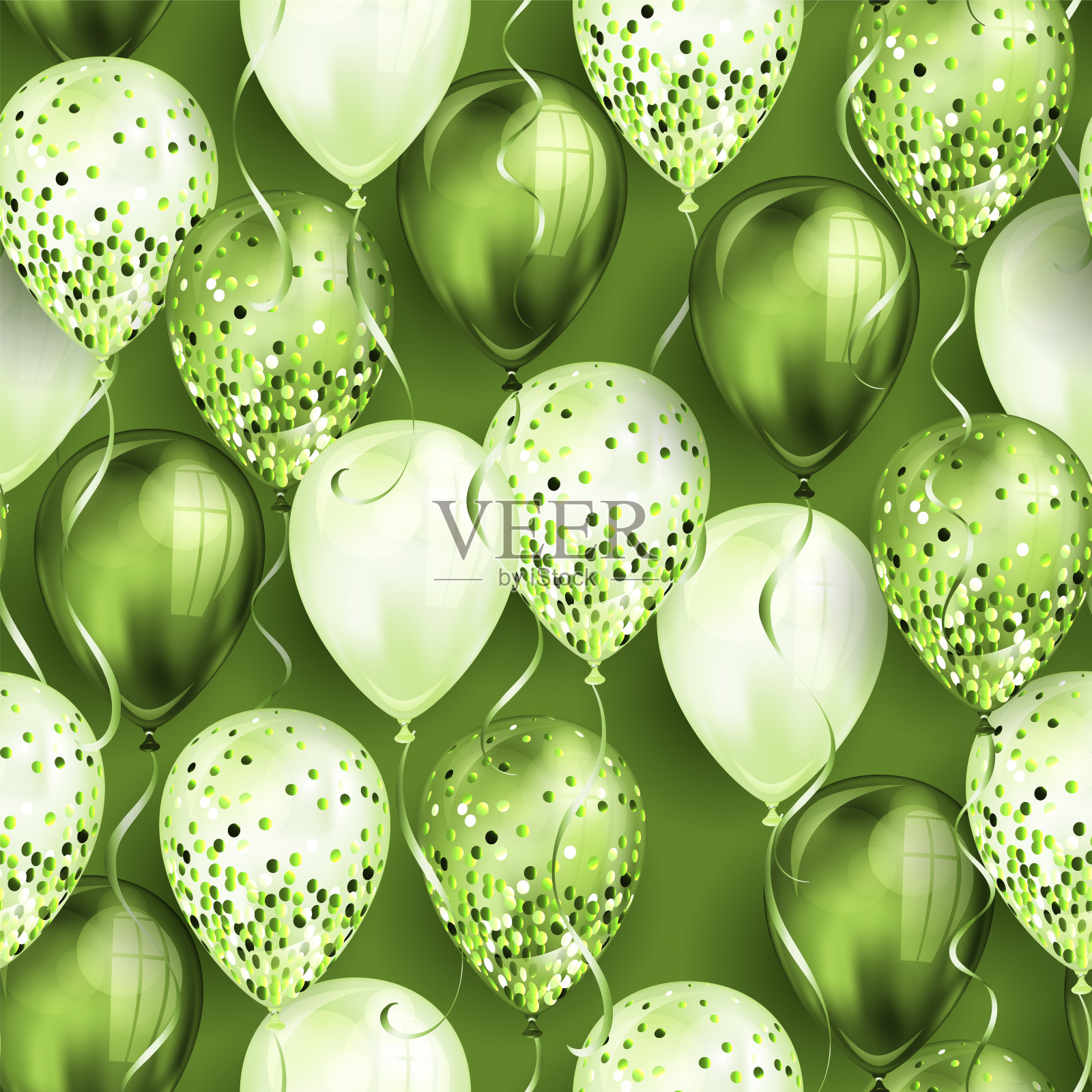 无缝模式，使闪亮的绿色现实的3D氦气球为您的设计。闪亮的气球和丝带，完美的装饰生日派对宣传册，邀请卡插画图片素材