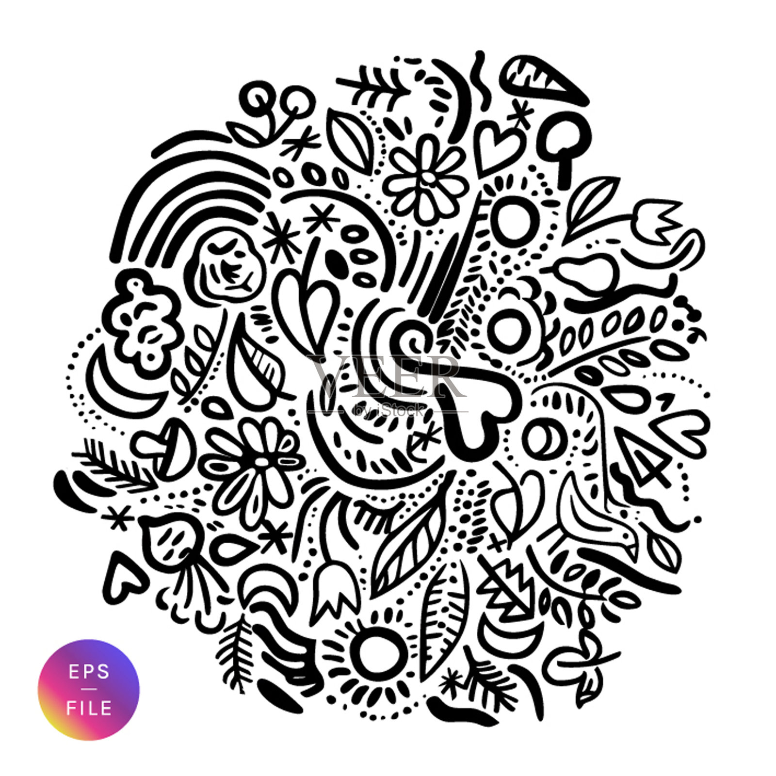 世界环境日，6月5日。手绘地球的象征性插图，由小的自然或生态相关的符号在水墨书法，数字增强和彩色插画图片素材