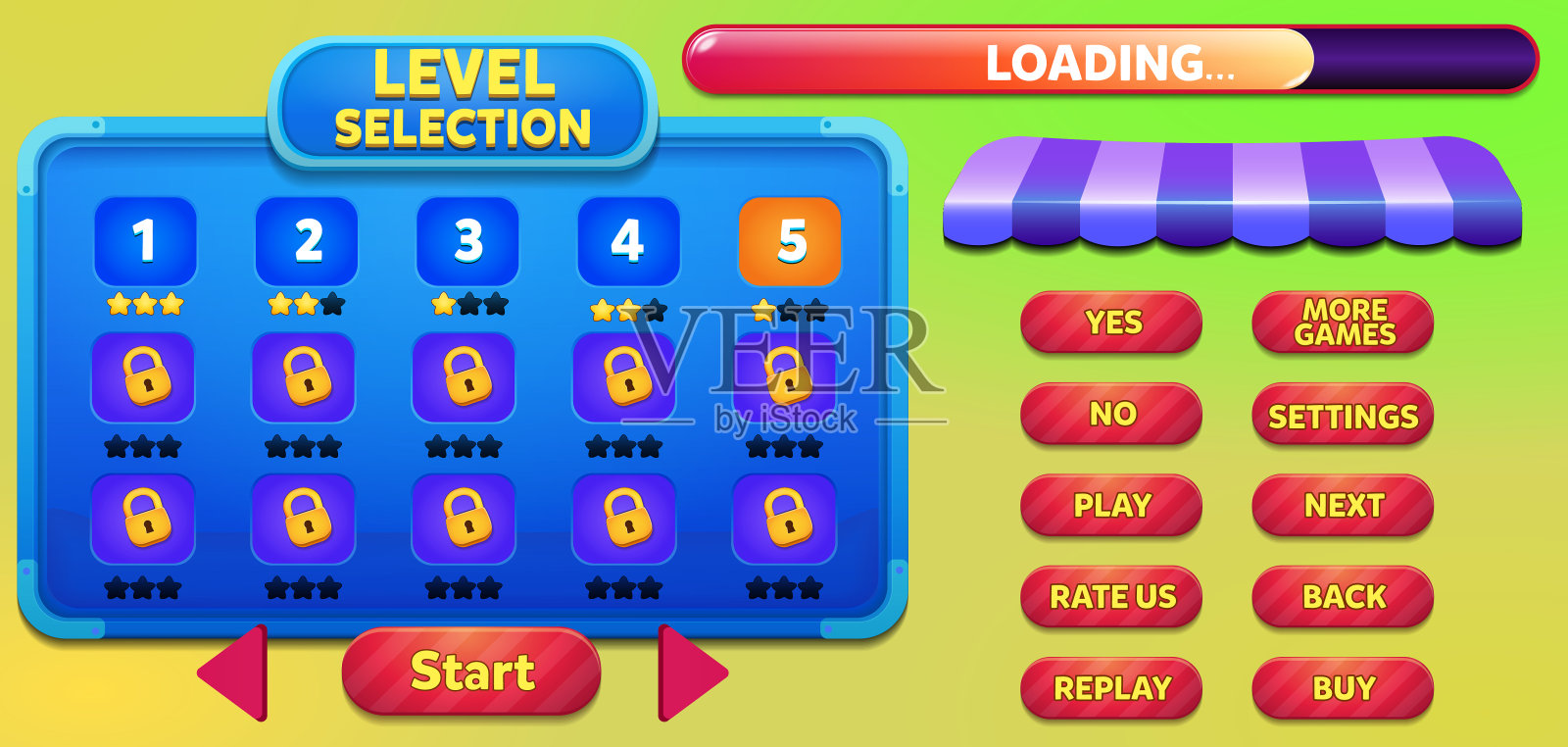 关卡选择游戏菜单场景与游戏按钮，加载栏和赢输星星插画图片素材