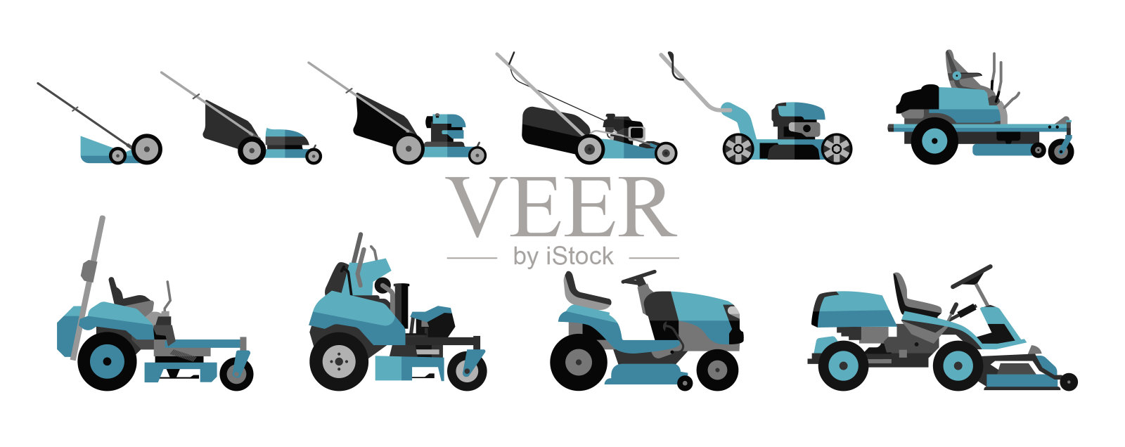各种类型的割草机隔离在白色背景上。插画图片素材