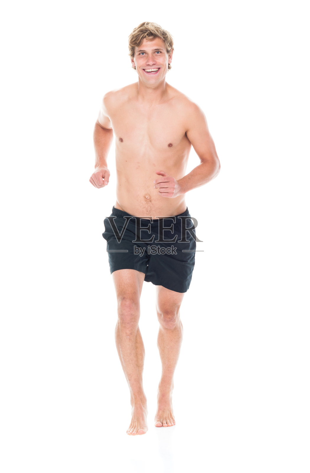 迷人的赤膊男子在运动服装跑步照片摄影图片