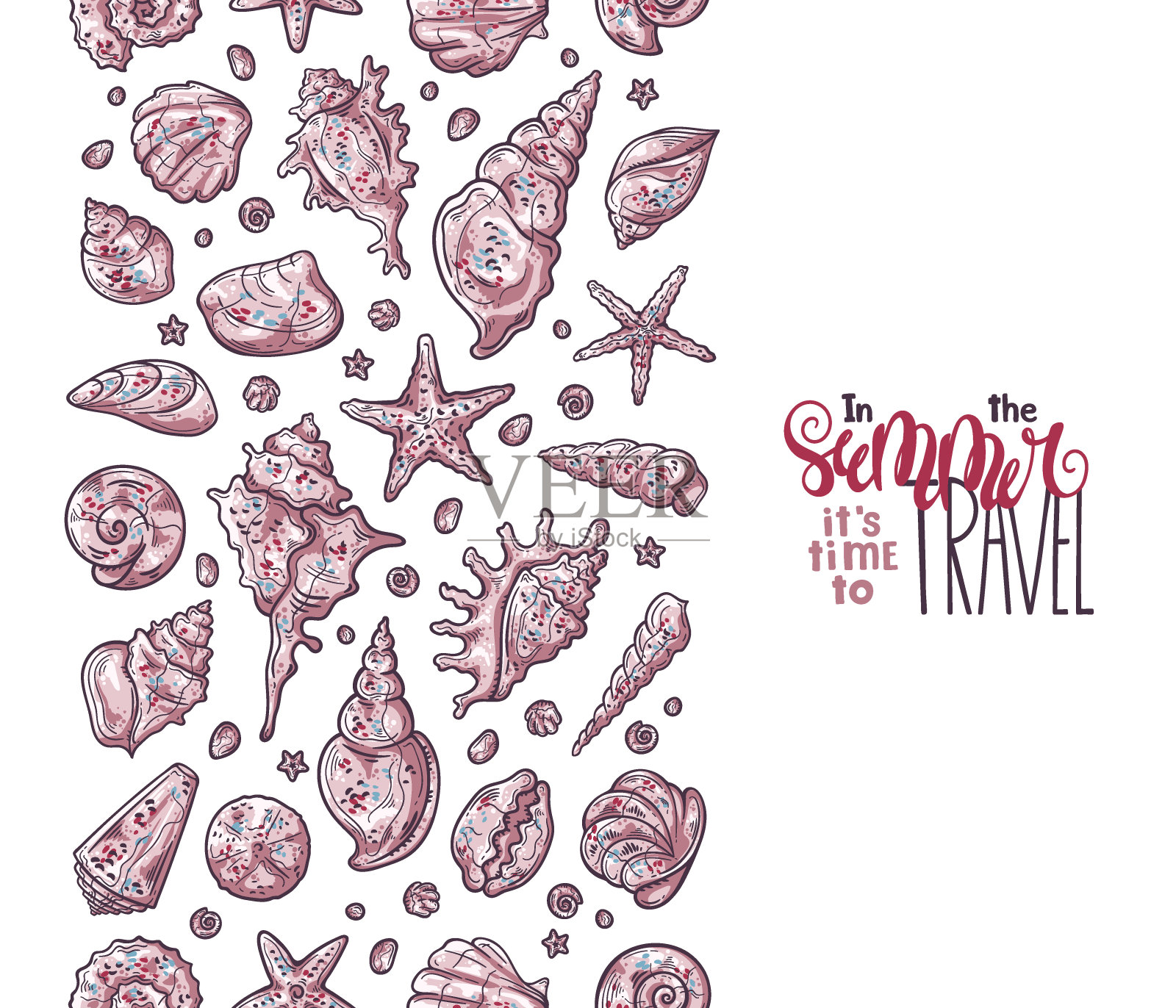 向量贝壳草图。字体:夏天是旅行的时候。插画图片素材