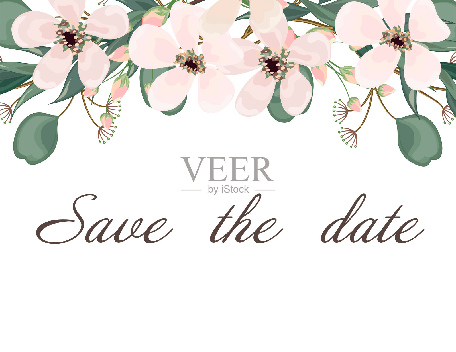 婚礼请帖，叶和花，水彩画。设计模板素材