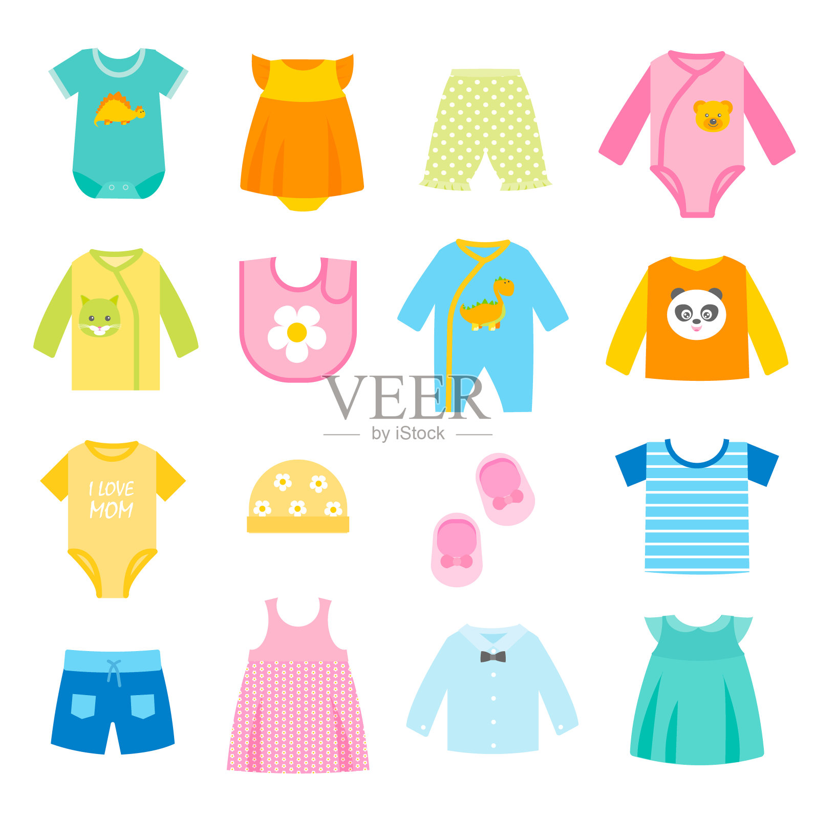 儿童服装图标集。为男孩和女孩，婴儿和学步儿童。插画图片素材