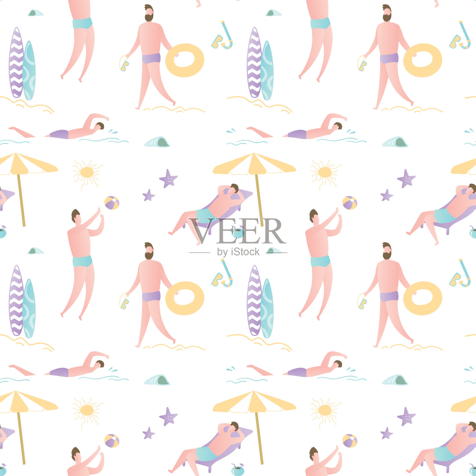 夏日时光无缝图案，沙滩上有男士的质感插画图片素材