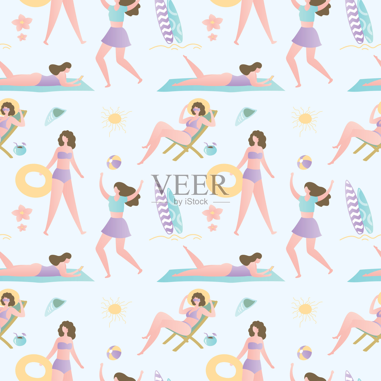 图案背景与可爱和有趣的度假女孩，插画图片素材