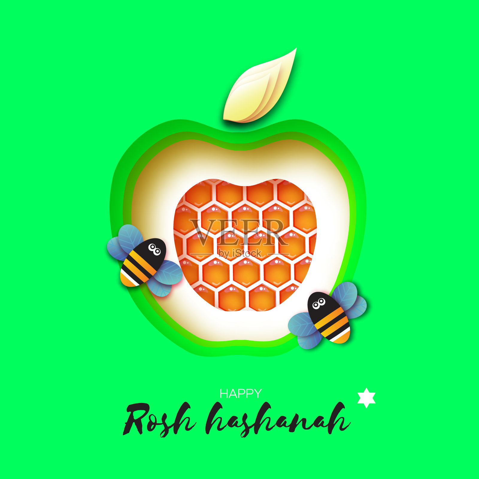 犹太新年，犹太新年。苹果剪纸风格。假期。向量插画图片素材
