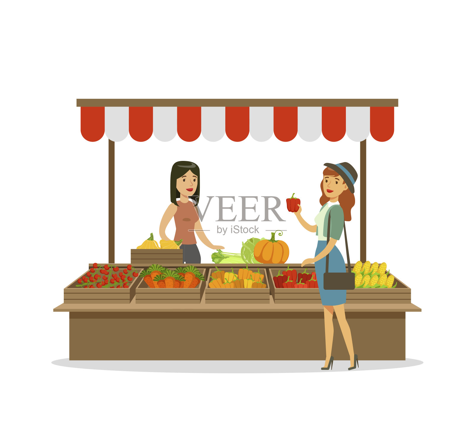 在农贸市场摊位上售卖蔬菜的快乐女农夫病媒图插画图片素材