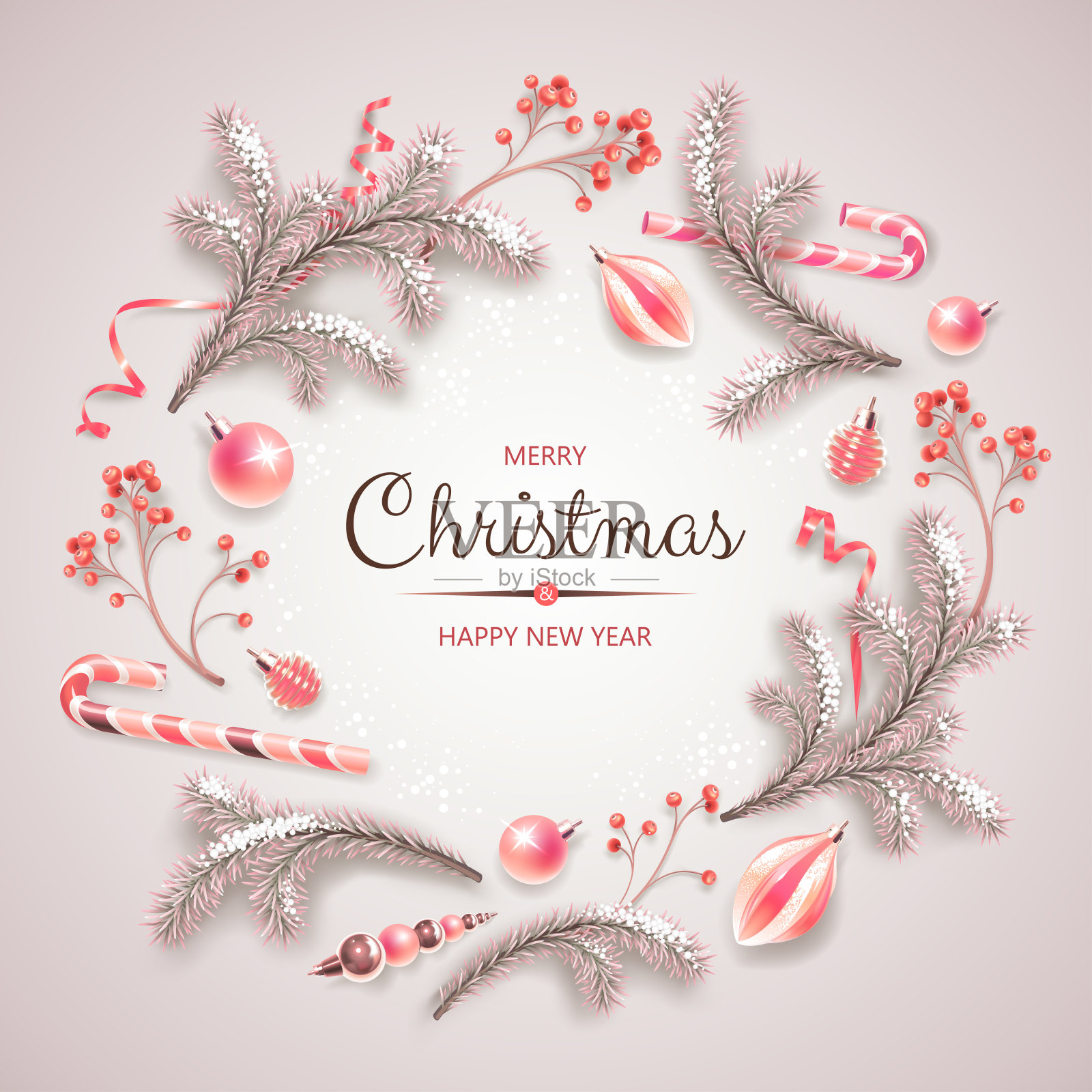 圣诞花环与冷杉树枝，浆果，装饰，丝带和其他节日元素的光背景。设计模板素材