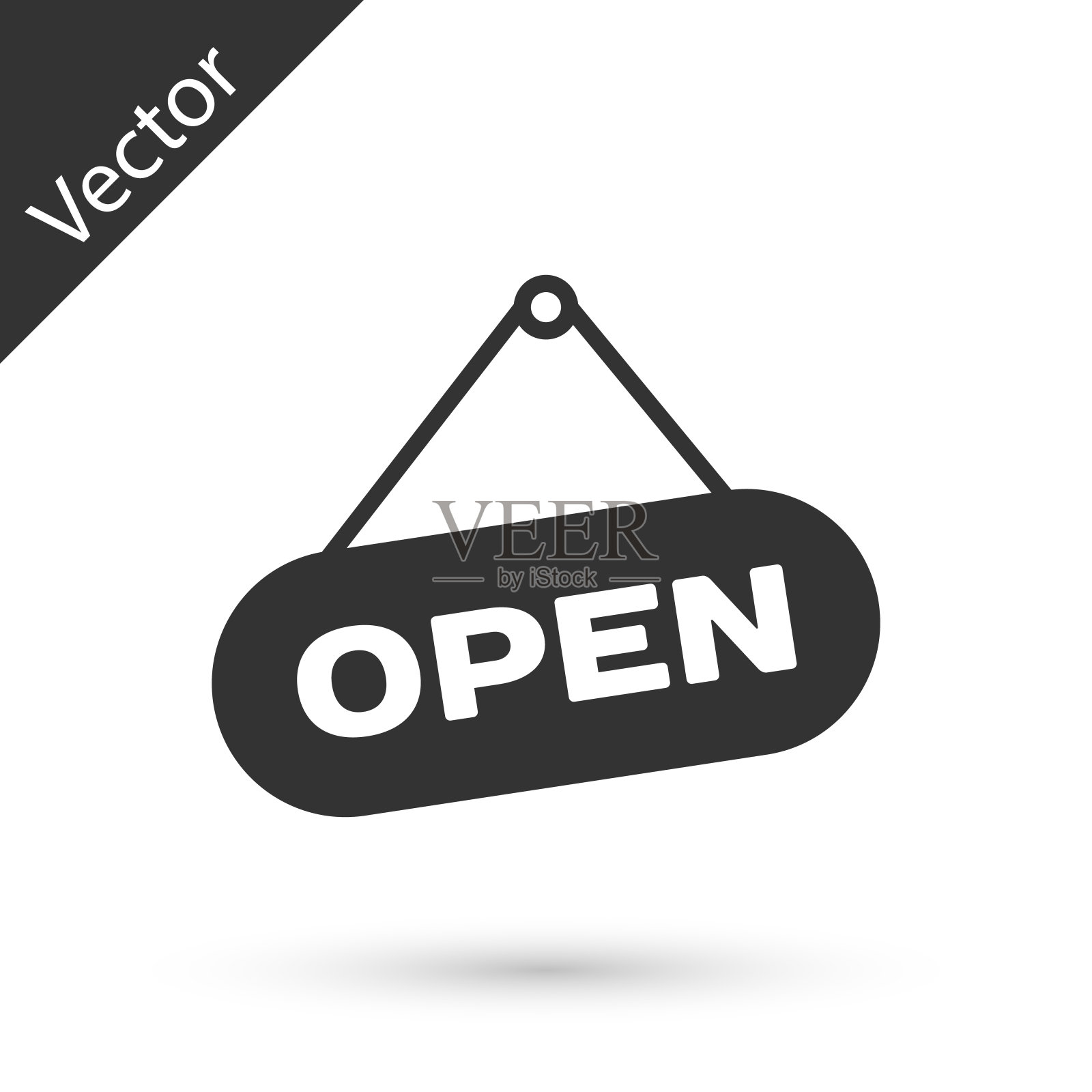 灰色悬挂标志与文字打开门图标隔离在白色背景。矢量图插画图片素材