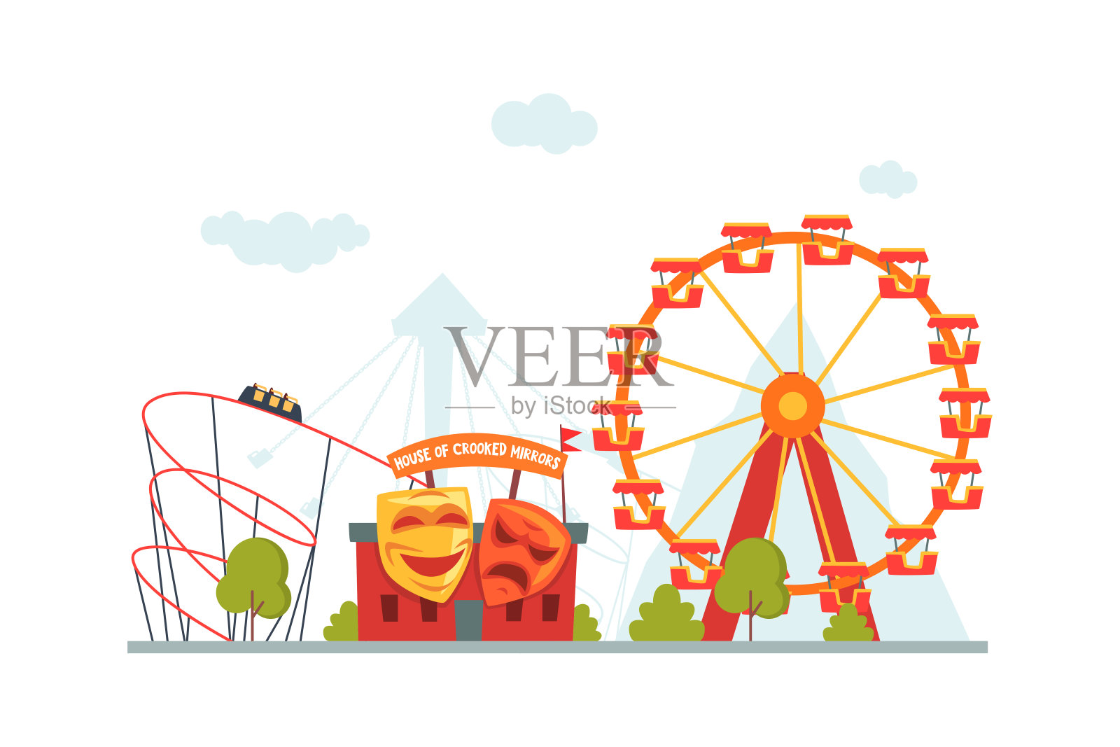 游乐园，扭曲的镜子，过山车和摩天轮矢量插图插画图片素材