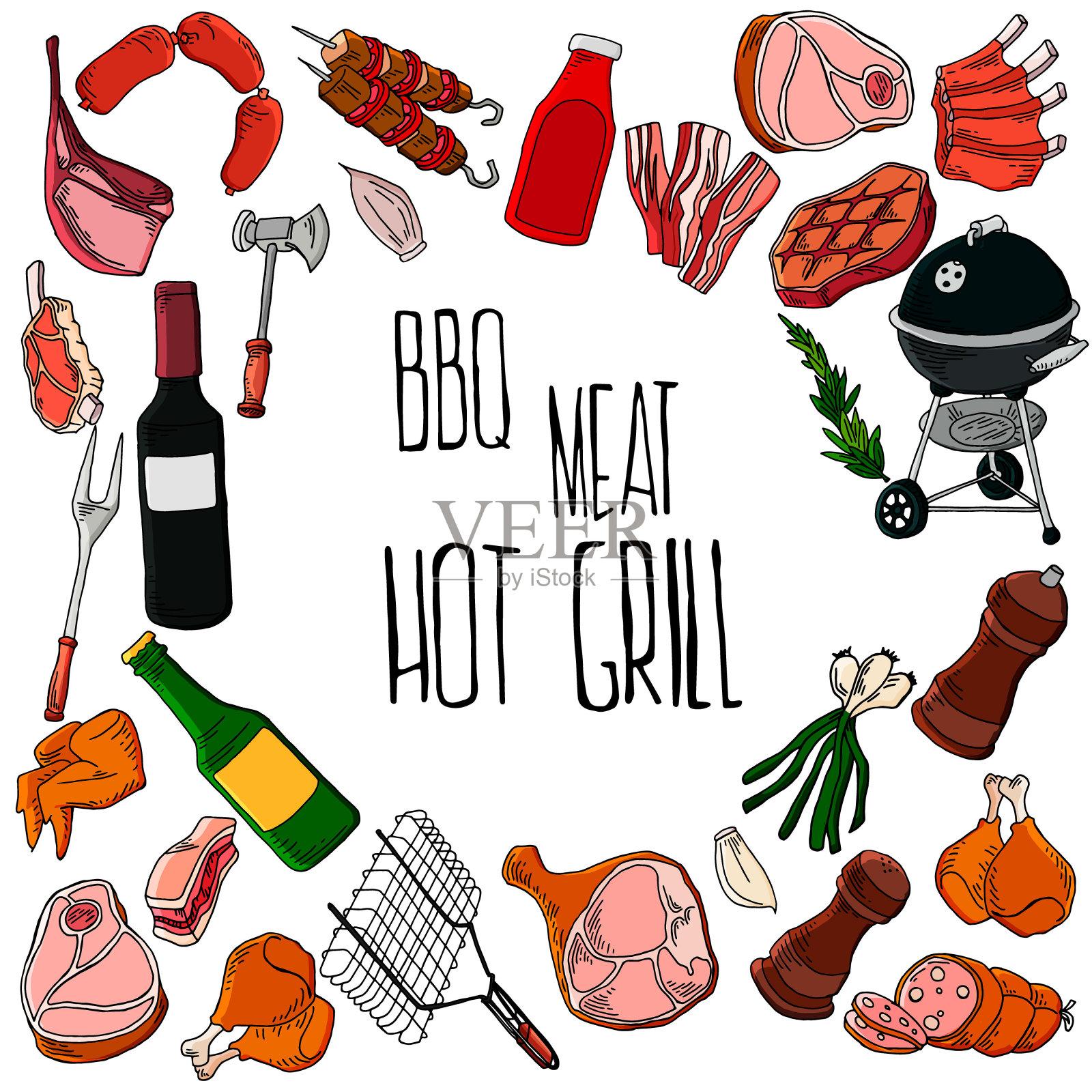 餐厅聚会在家里晚餐矢量产品串烧烤厨房设备平面插图为家庭夏季时间的肉类食品插画图片素材