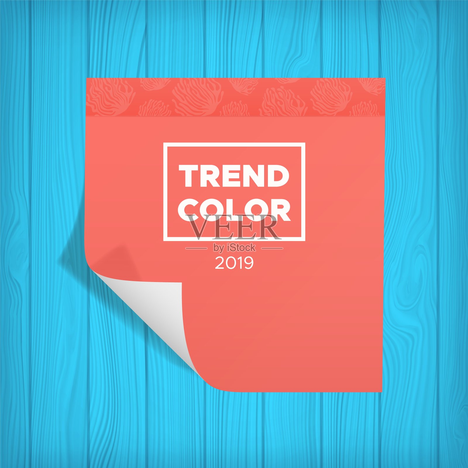 在一个趋势颜色的纸贴纸持有躺在一个蓝色的木制表面。插画图片素材