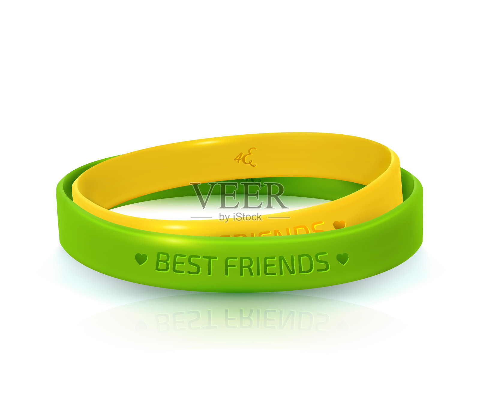 给好朋友的橡胶手镯:黄色和绿色。友谊日，友谊节日快乐。白色背景上的两个硅胶腕带。插画图片素材