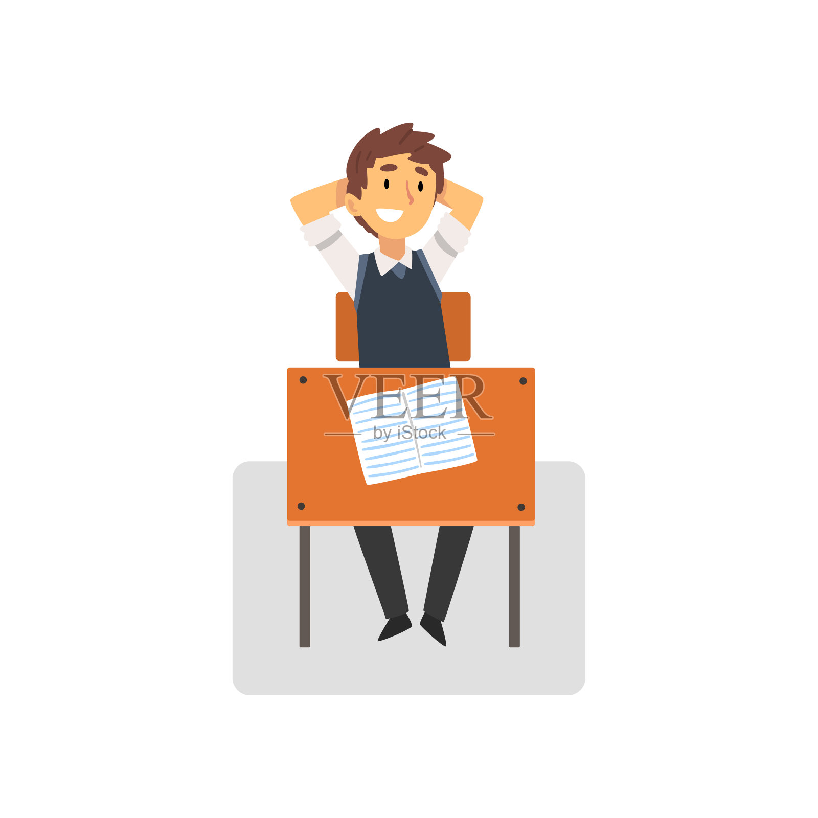 微笑的学生坐在课桌在教室，侧视图，学生学习在学校，大学矢量插图插画图片素材