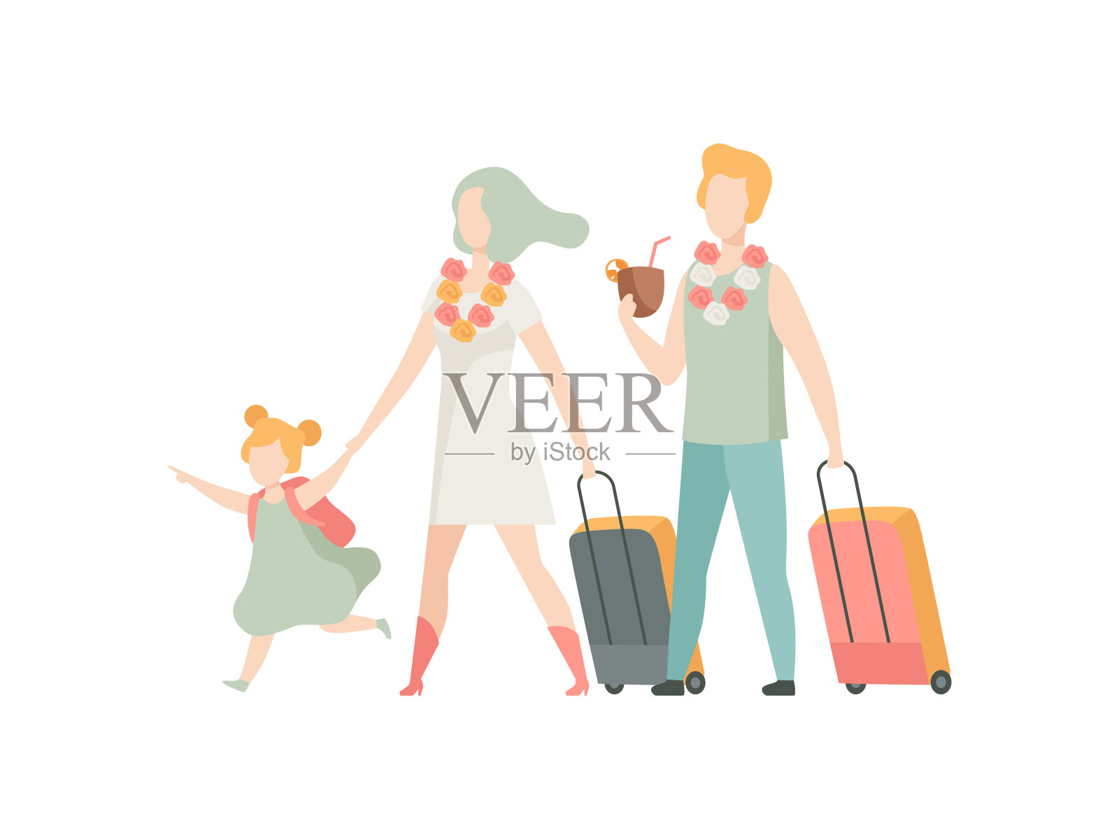 快乐的家庭一起旅行手提箱，父亲，母亲和女儿在暑假矢量插图插画图片素材