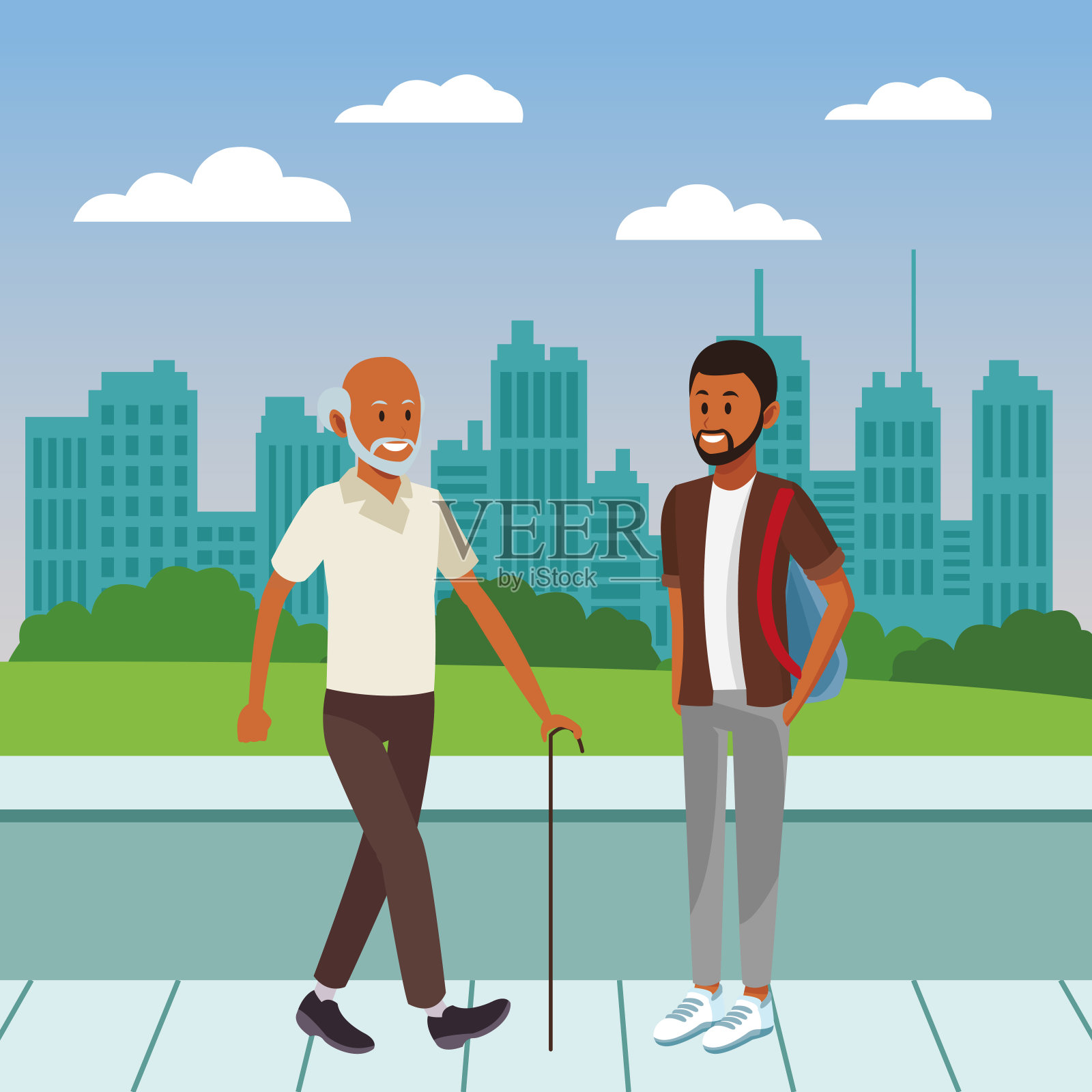 年轻人和老人的漫画插画图片素材