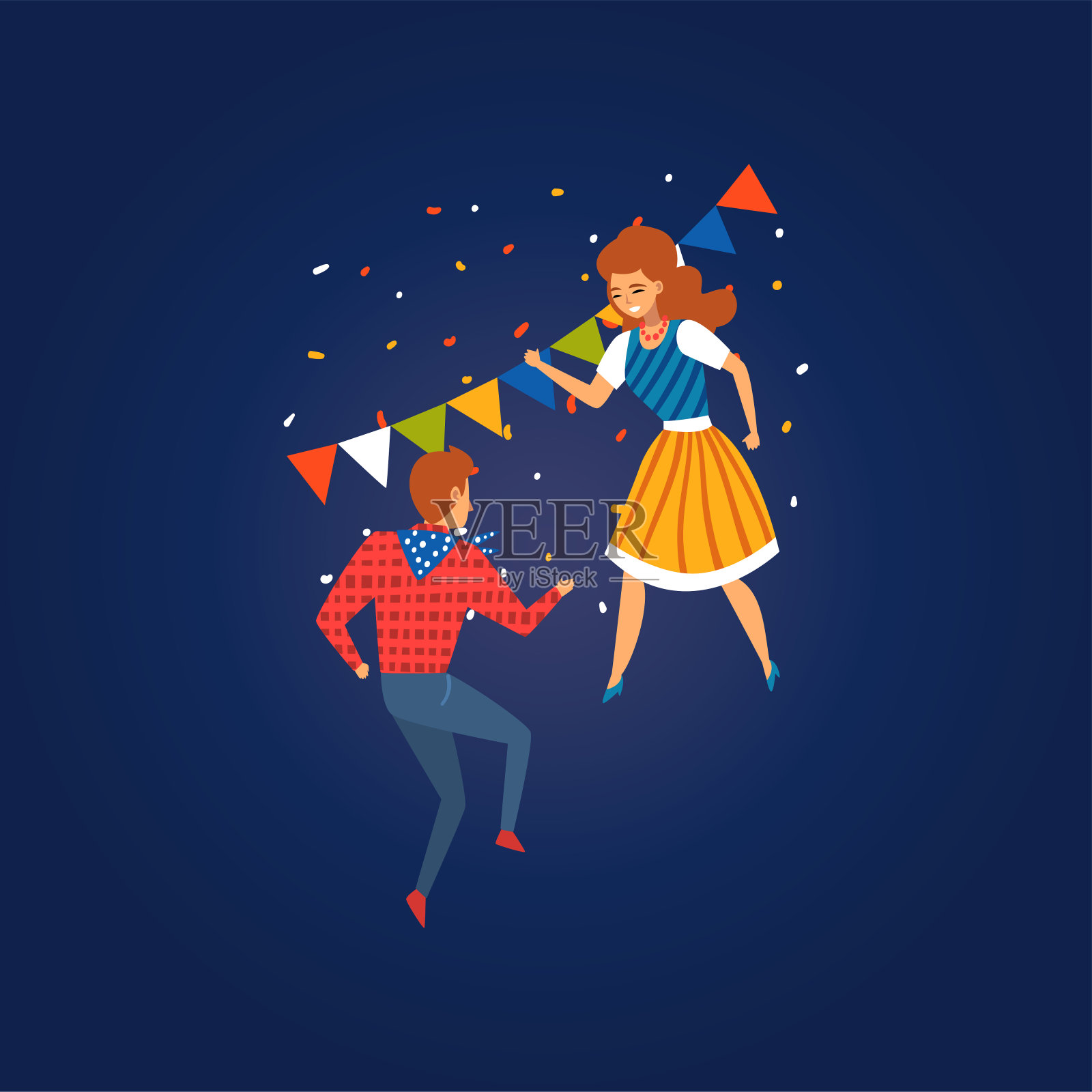 节日朱尼纳传统的巴西六月节日，快乐的年轻男子和女子在民俗派对跳舞矢量插图插画图片素材