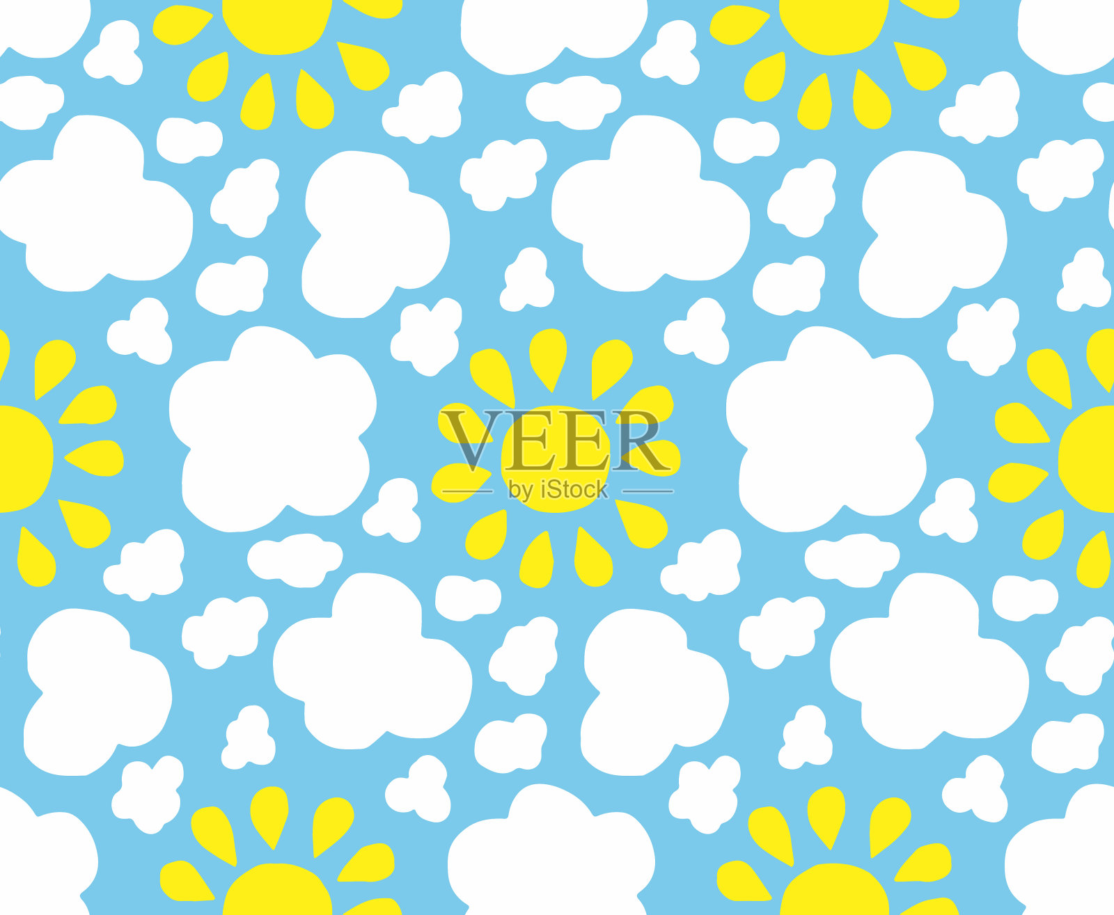 太阳和云在天空中无缝矢量图案的背景插画图片素材