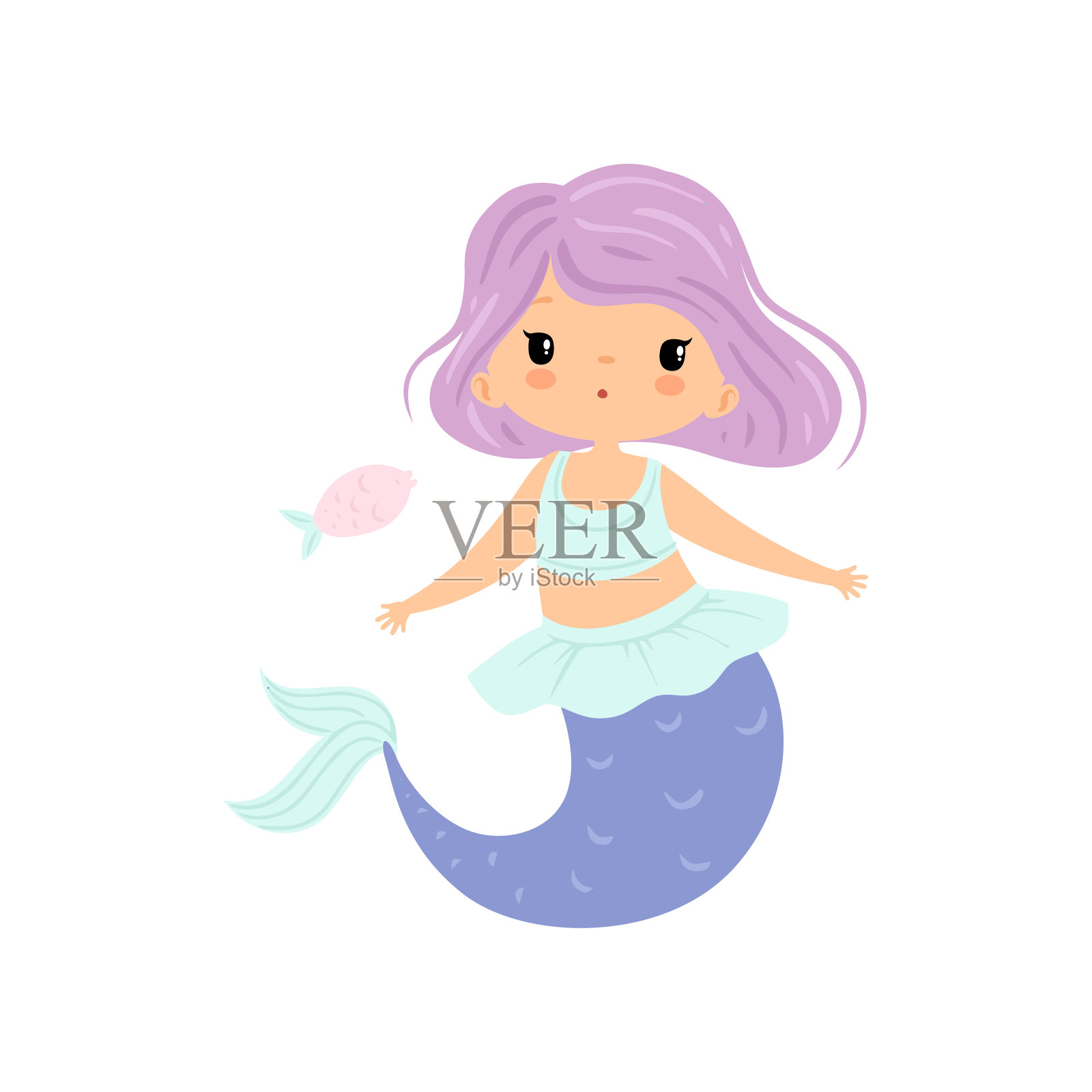 小美人鱼紫罗兰发，可爱的海公主角色矢量插图插画图片素材