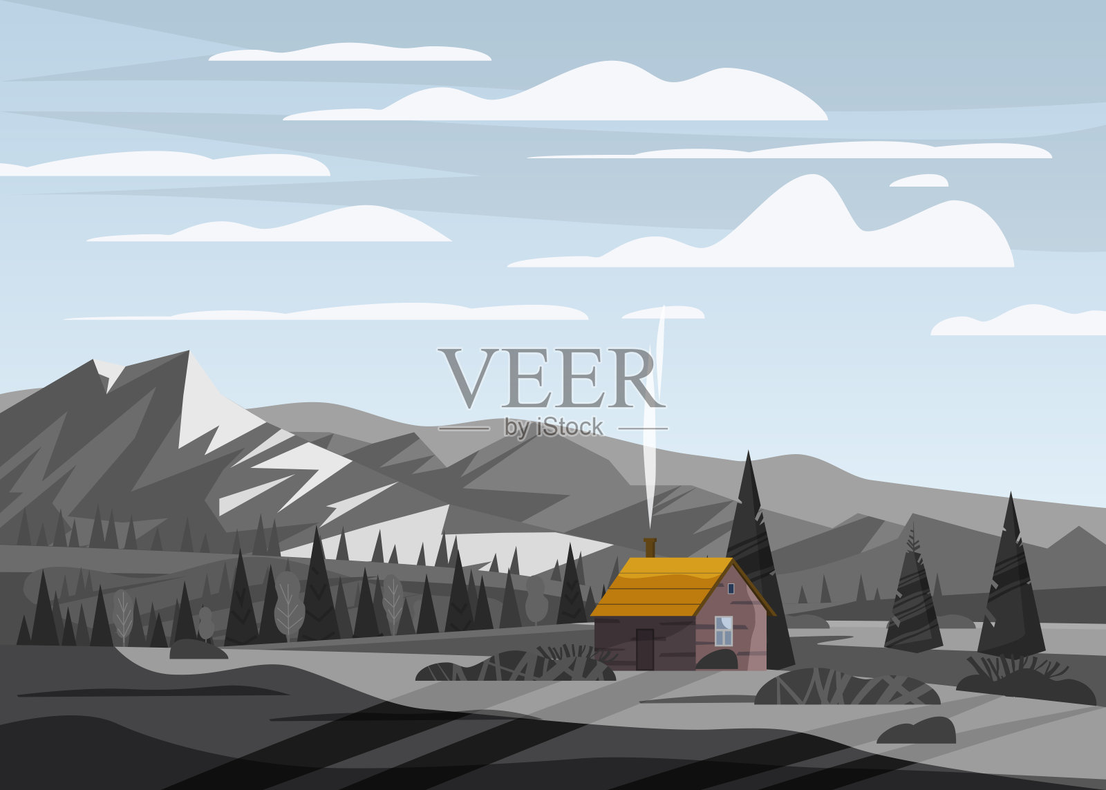 山景谷地乡村乡村，农舍绿草如林，以时尚的平面风格和灰色的单色与山的全景地平线。矢量，插图，孤立，横幅，海报插画图片素材