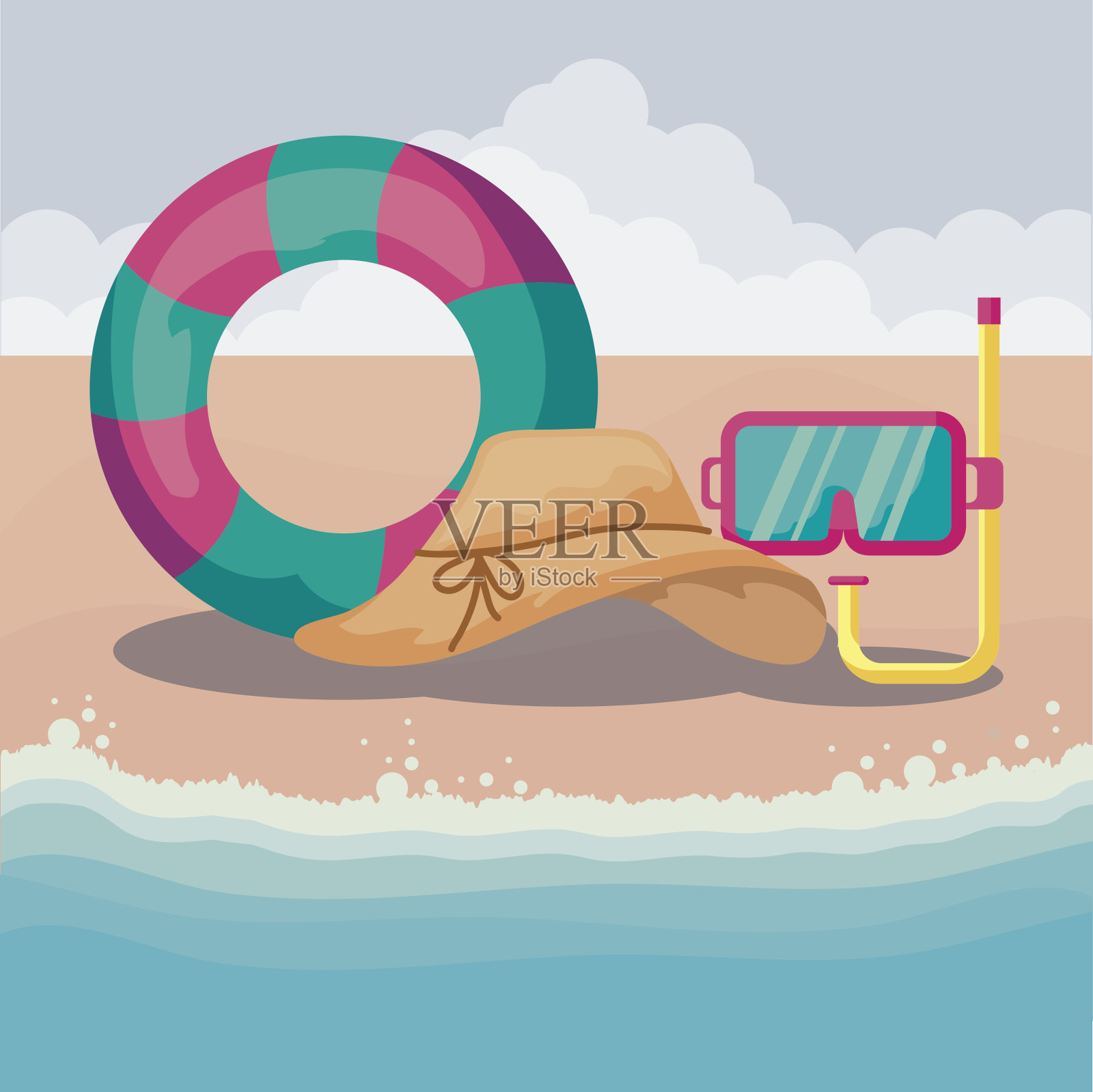 夏季海滩与浮动与设置图标插画图片素材