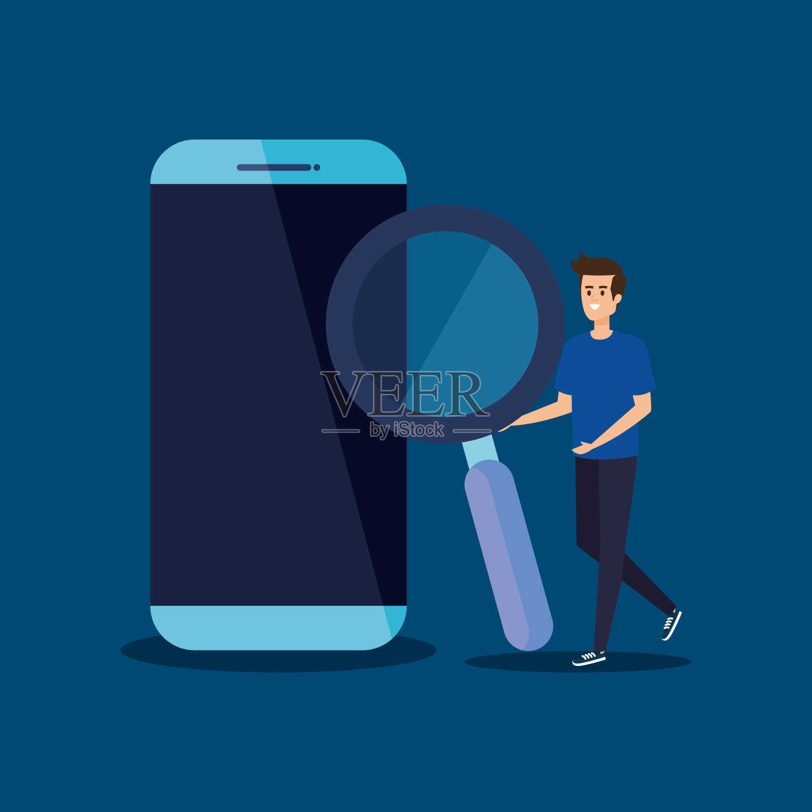 有放大镜和智能手机技术的男人插画图片素材