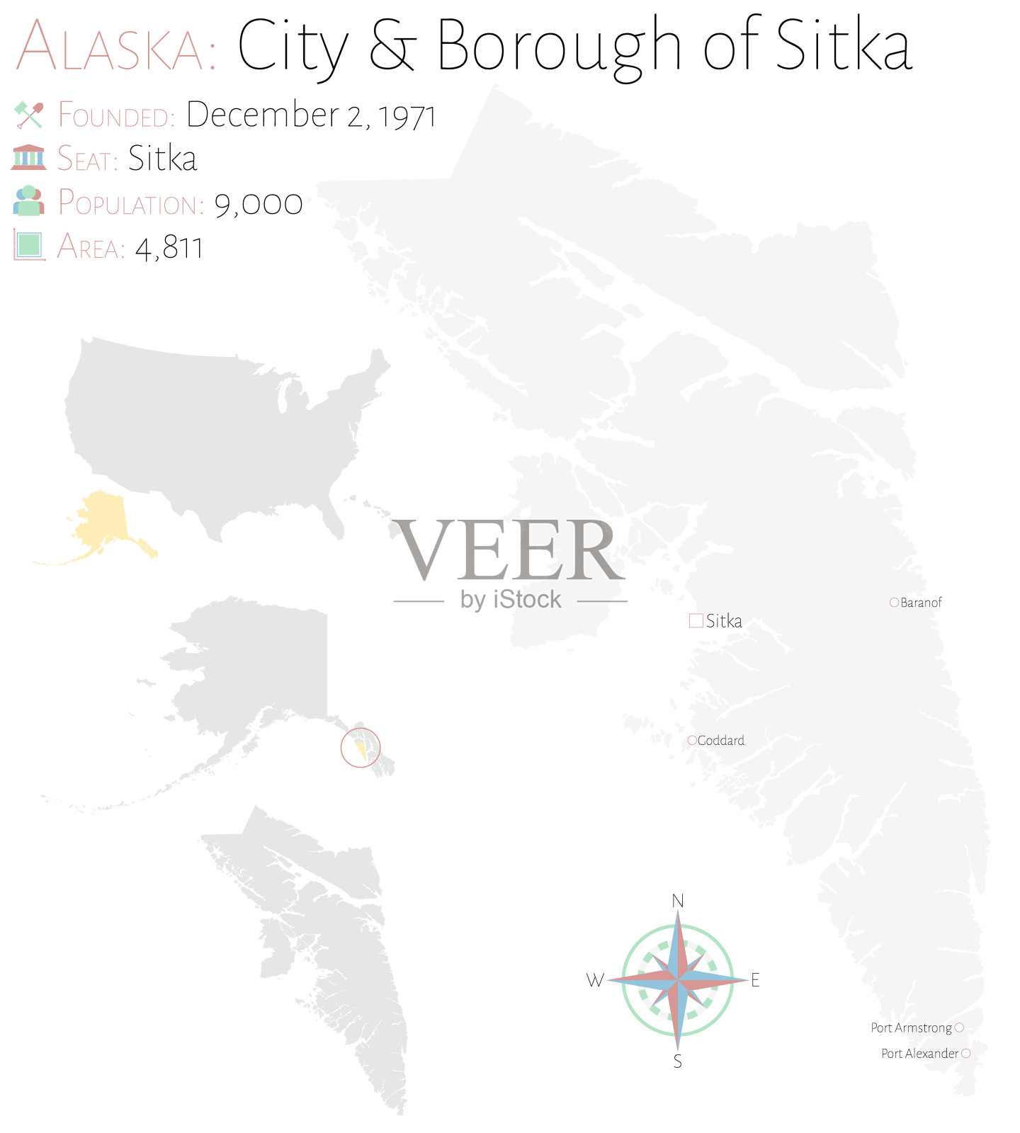 阿拉斯加锡特卡市和自治区地图插画图片素材