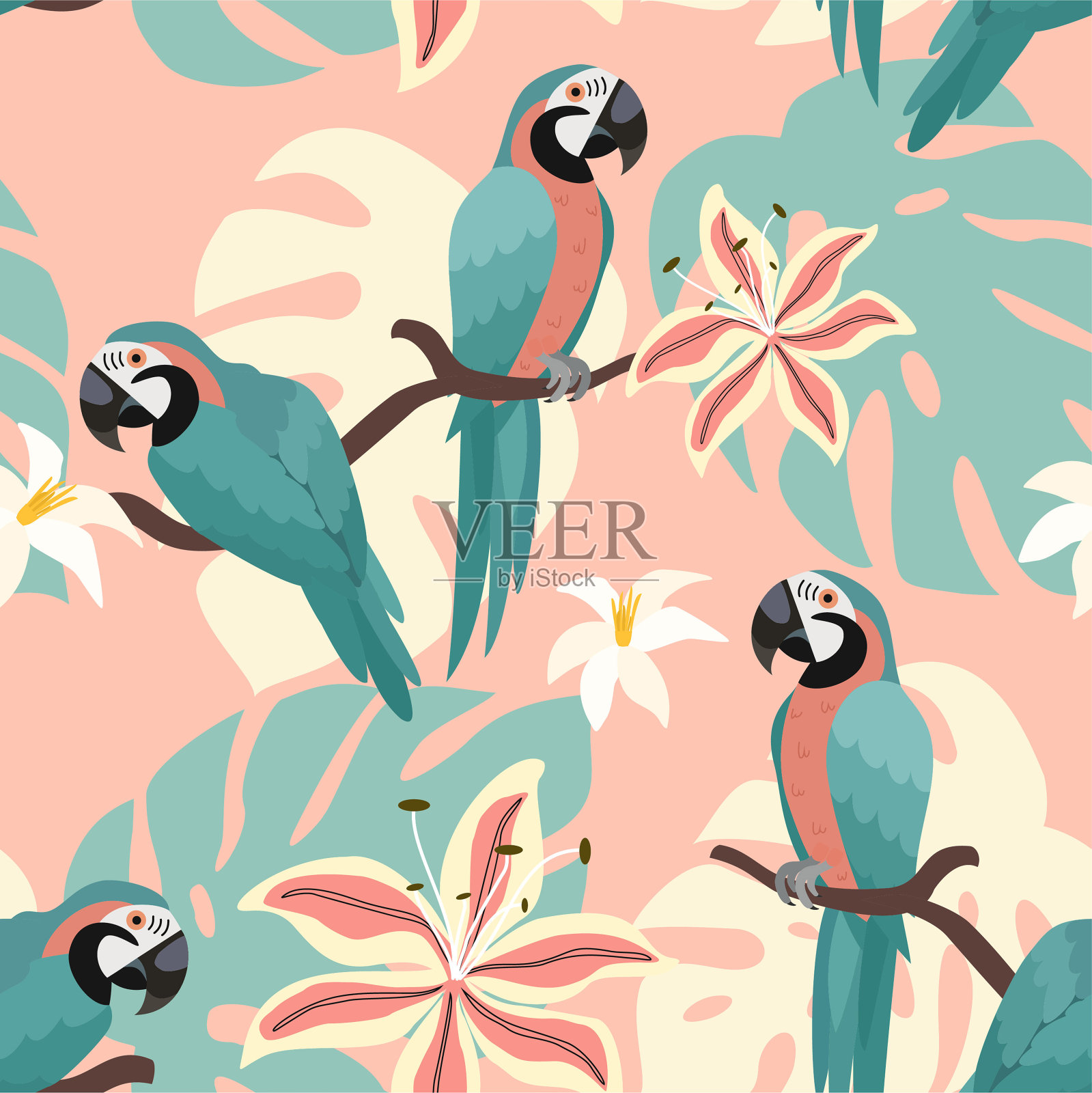 有鹦鹉和热带树叶的热带图案。向量无缝纹理。时尚插图。插画图片素材
