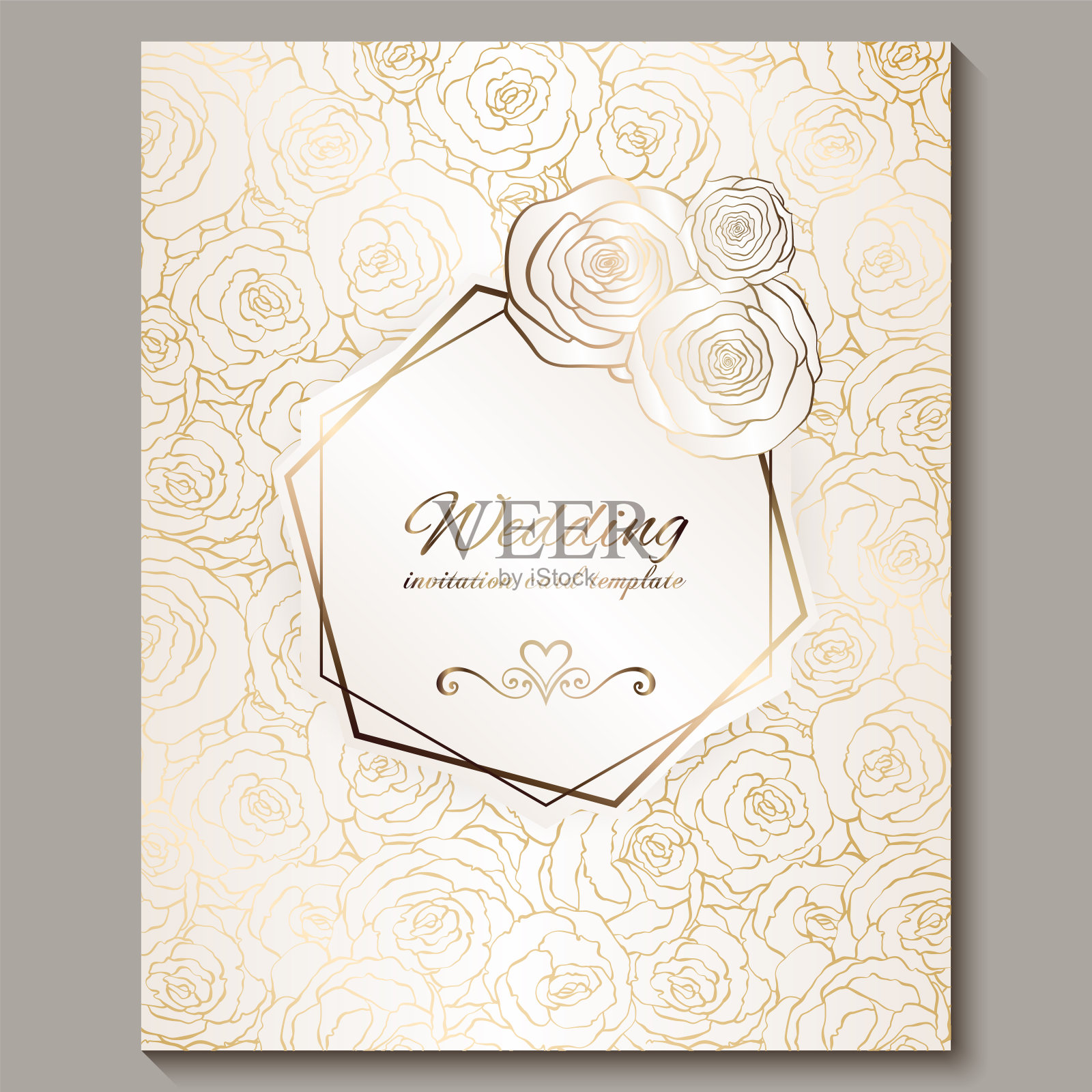 奢华的黄金复古婚礼邀请，花的背景与地方文本，花边树叶与金色光泽的玫瑰梯度。维多利亚风格的壁纸饰品，巴洛克风格的模板设计设计模板素材